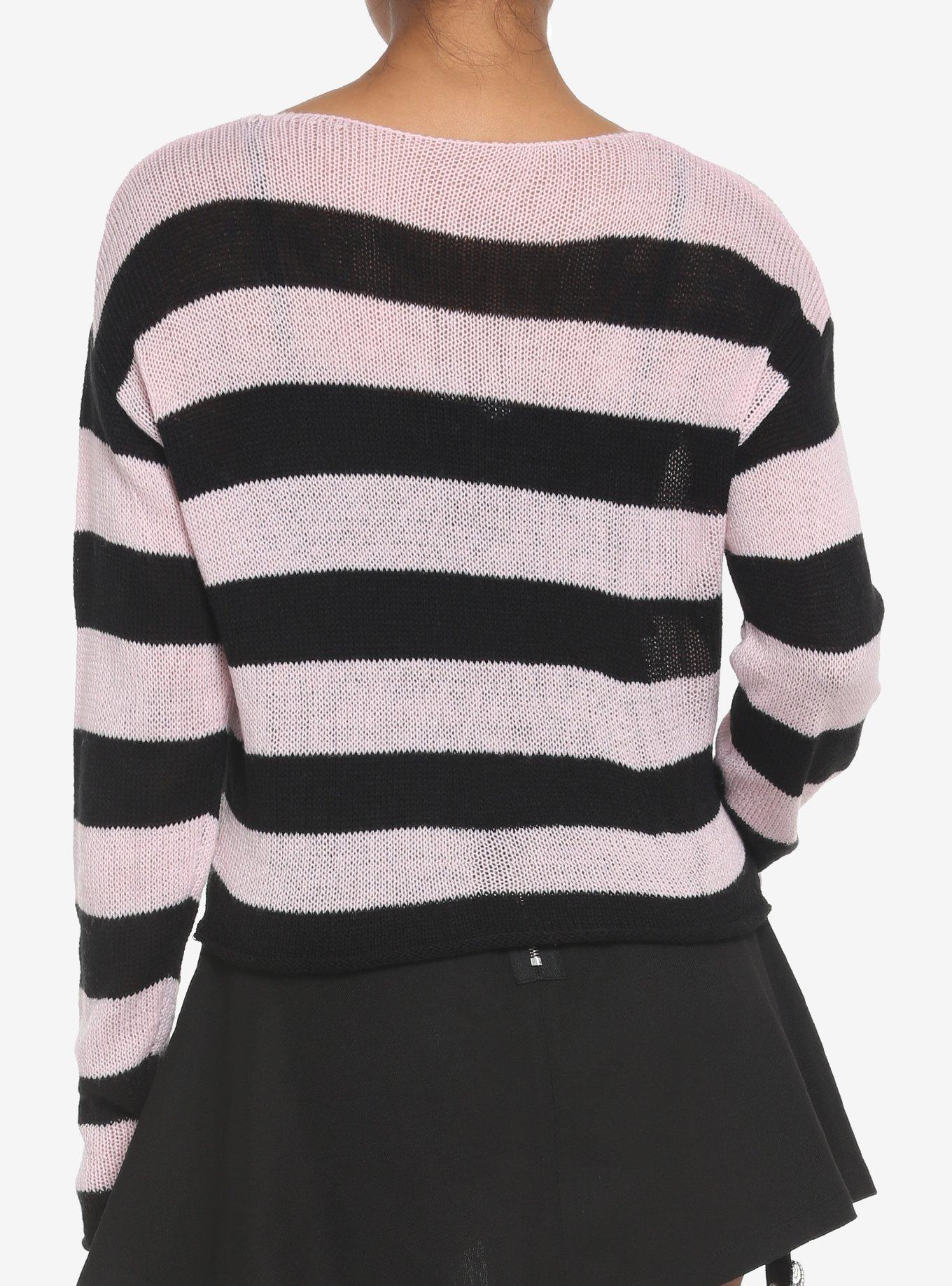 Black & Pink Stripe Girls Crop Sweater