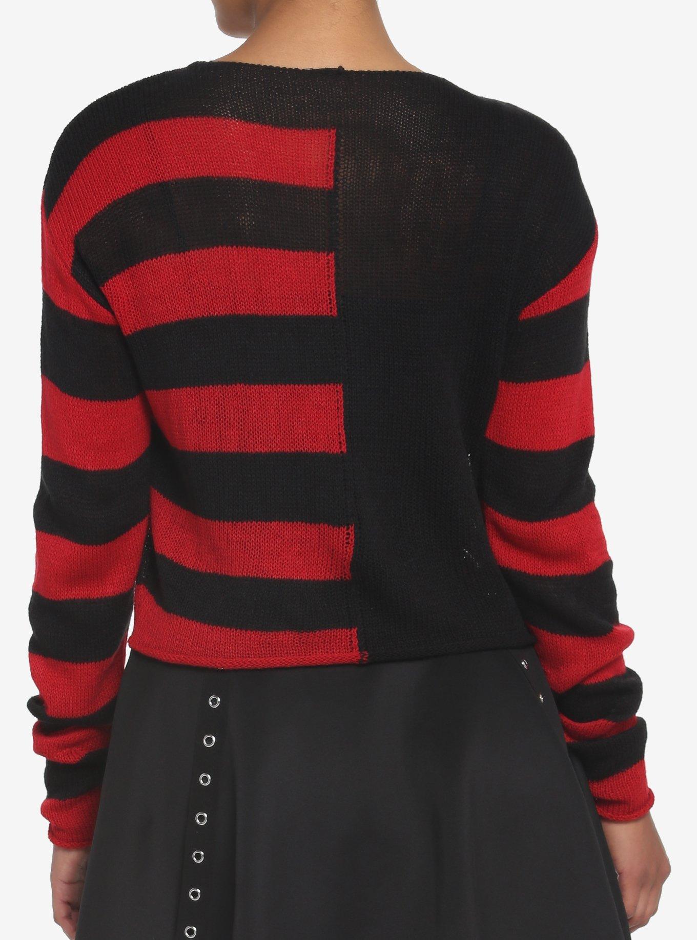 Black & Red Stripe Split Girls Crop Sweater, STRIPES - RED, alternate
