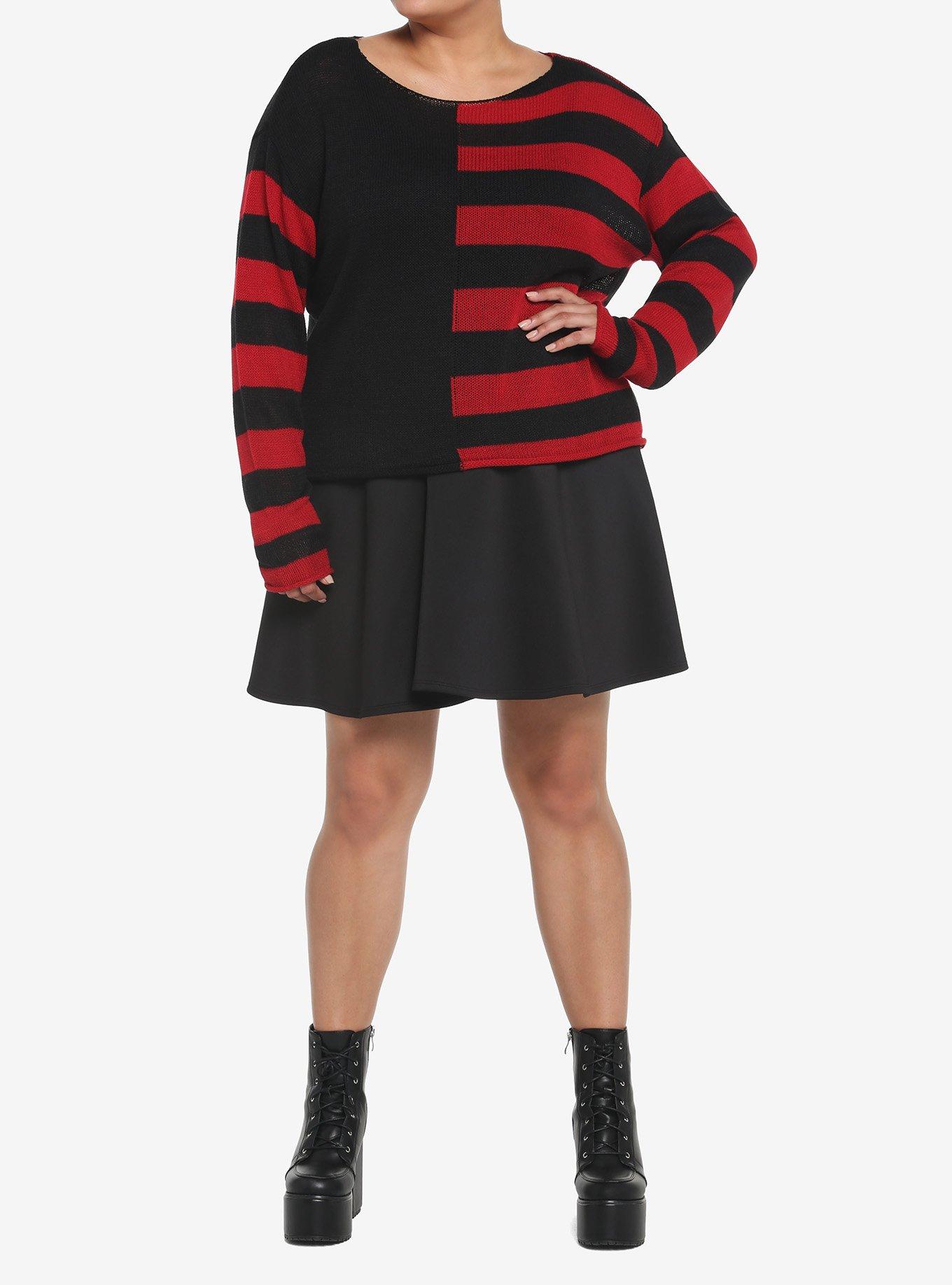 Black & Red Stripe Split Girls Crop Sweater Plus Size, STRIPES - RED, alternate