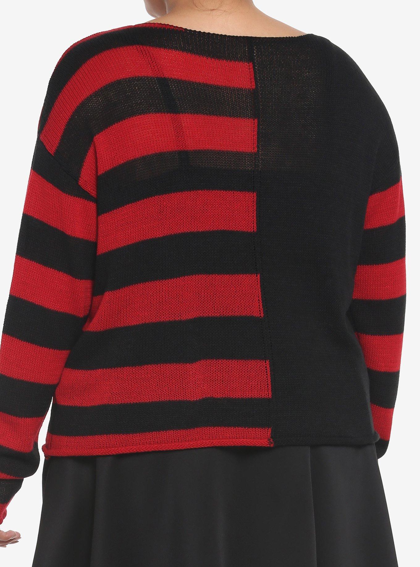 Black & Red Stripe Split Girls Crop Sweater Plus Size, STRIPES - RED, alternate