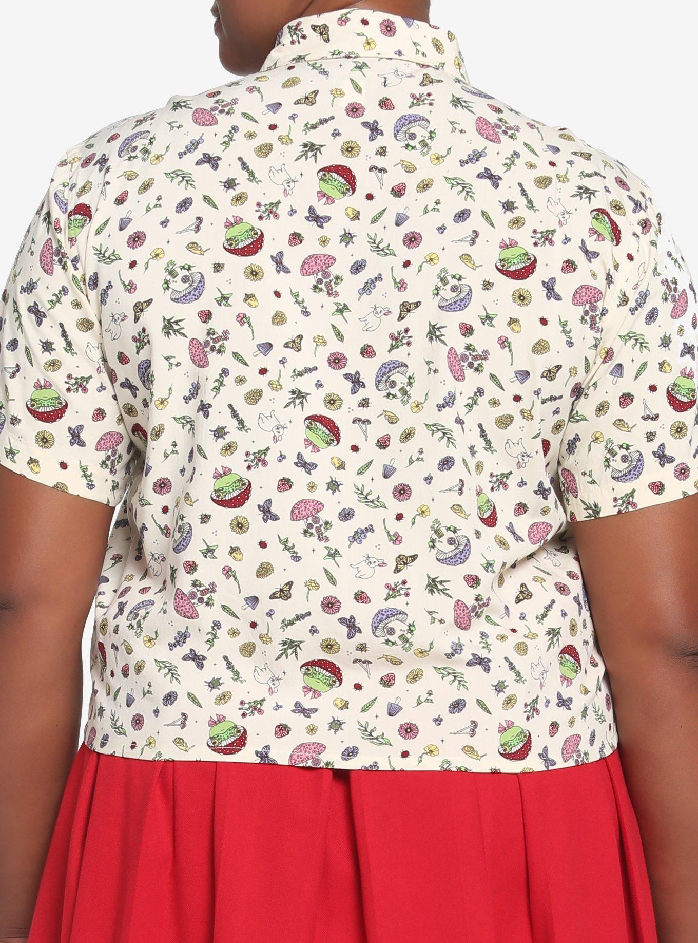 Mushroom Frog Crop Woven Button-Up Plus Size, MULTI, alternate
