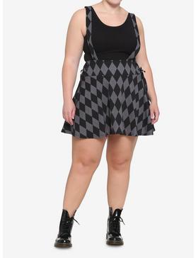 Black & Grey Argyle Lace-Up Suspender Skirt Plus Size, , hi-res