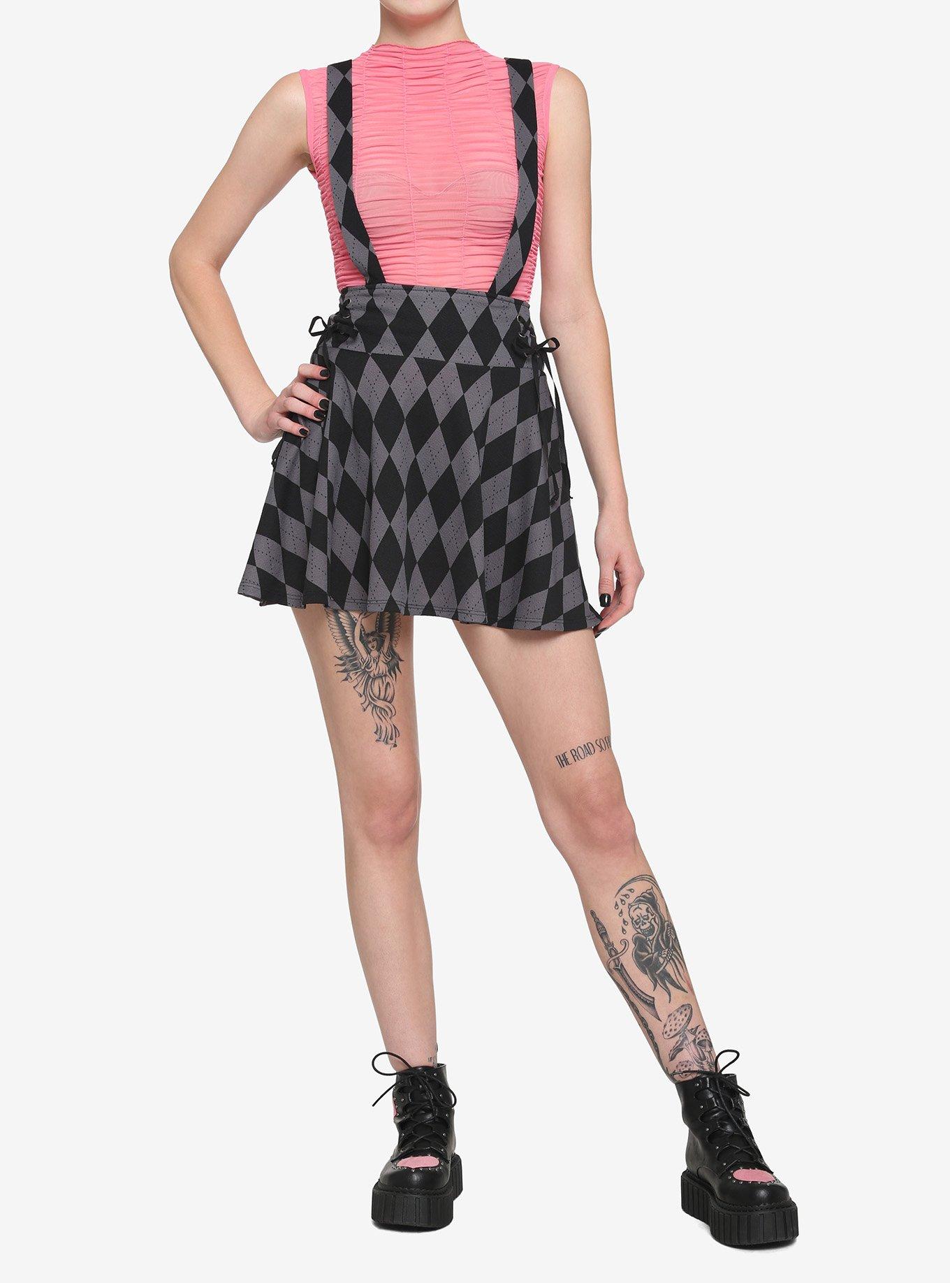 Black & Grey Argyle Lace-Up Suspender Skirt, MULTI, alternate