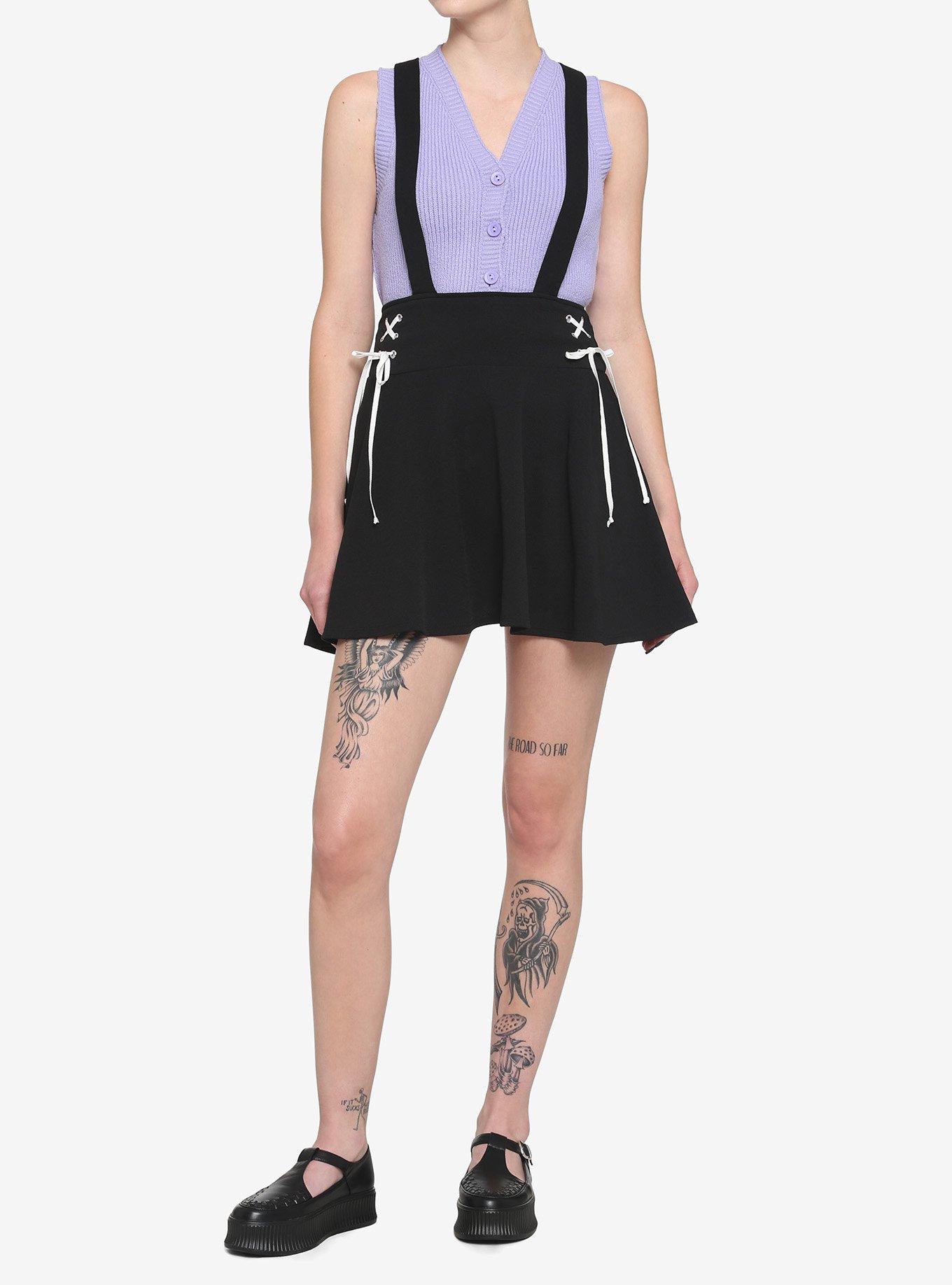 Black & White Lace-Up Suspender Skirt, BLACK-WHITE, alternate