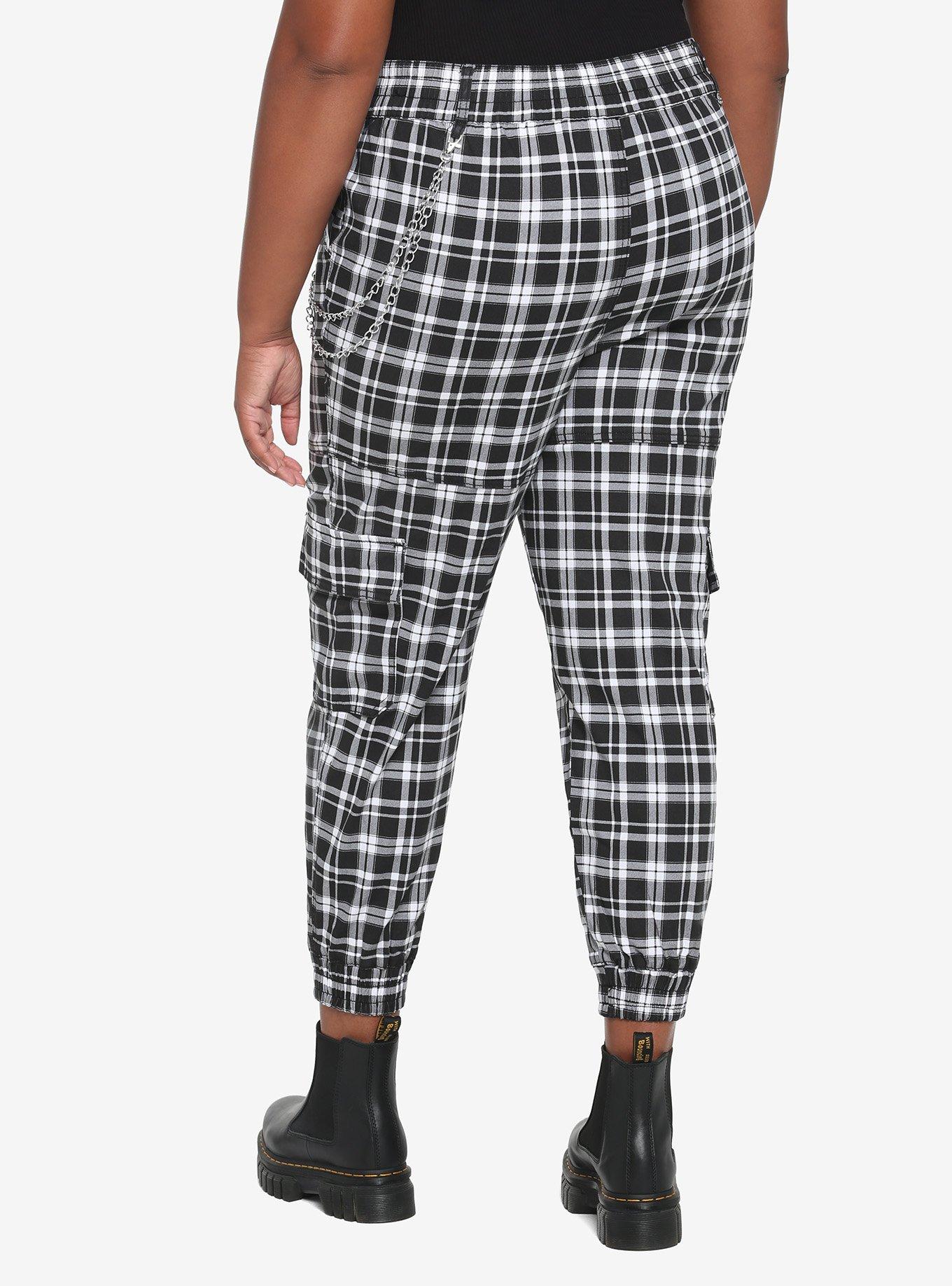 Black & White Plaid Chain Girls Jogger Pants Plus Size, BLACK, alternate
