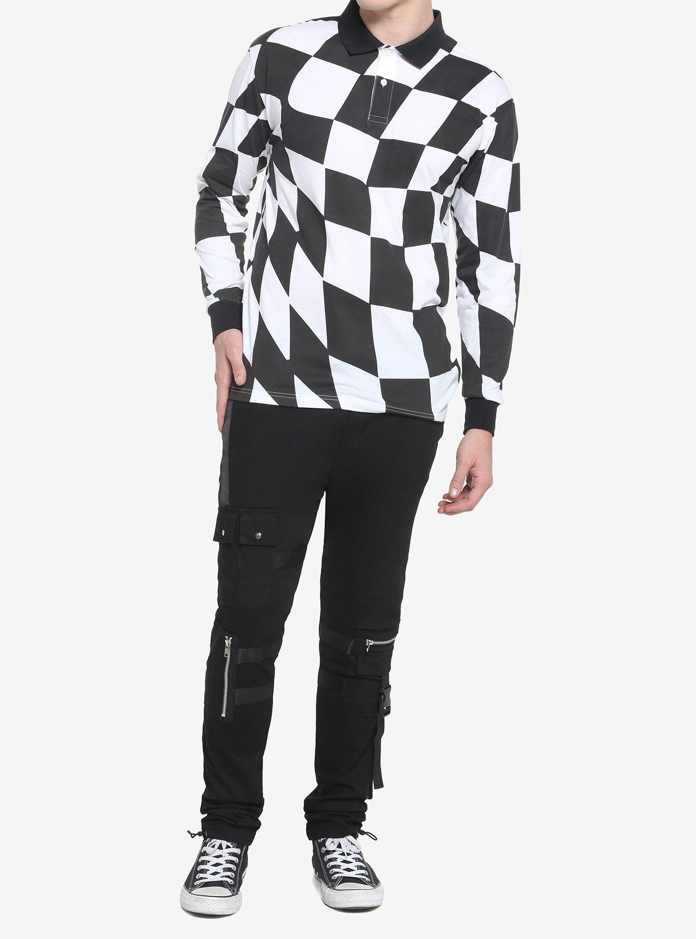 Black & White Checkered Long-Sleeve Polo Shirt, BLACK  WHITE, alternate