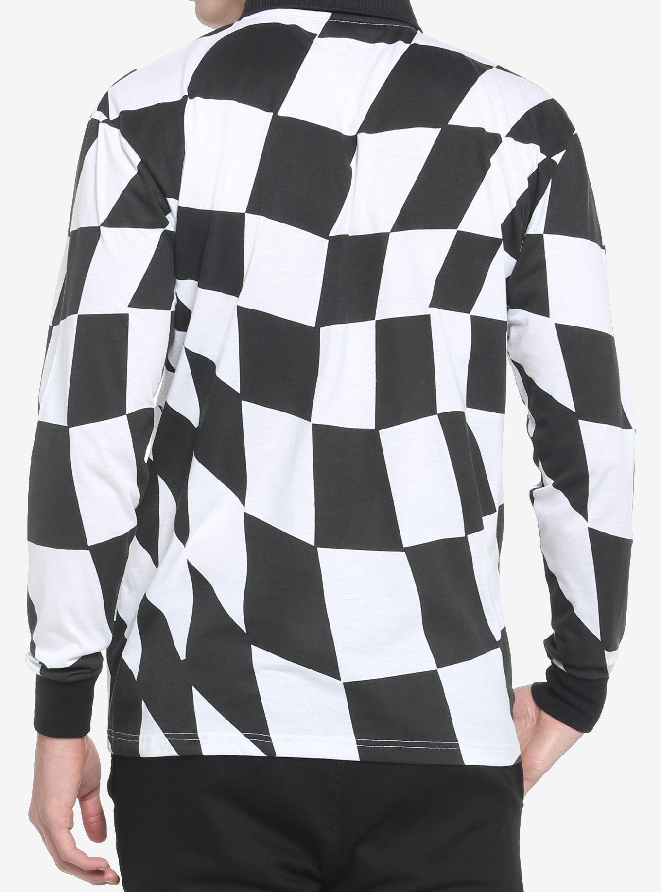 Black & White Checkered Long-Sleeve Polo Shirt, BLACK  WHITE, alternate