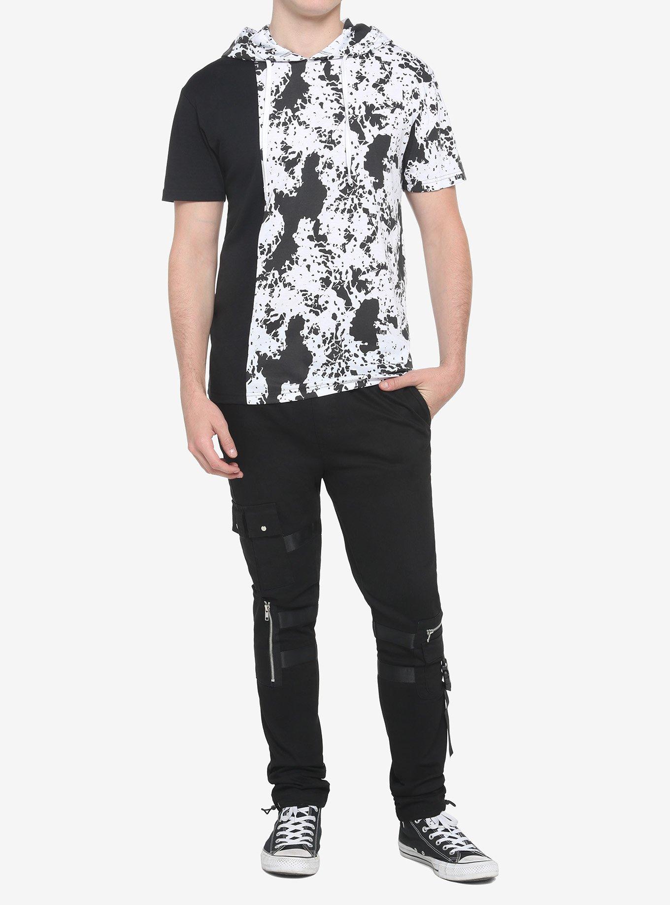 Black & White Splatter Split Short-Sleeve Hoodie, BLACK  WHITE, alternate