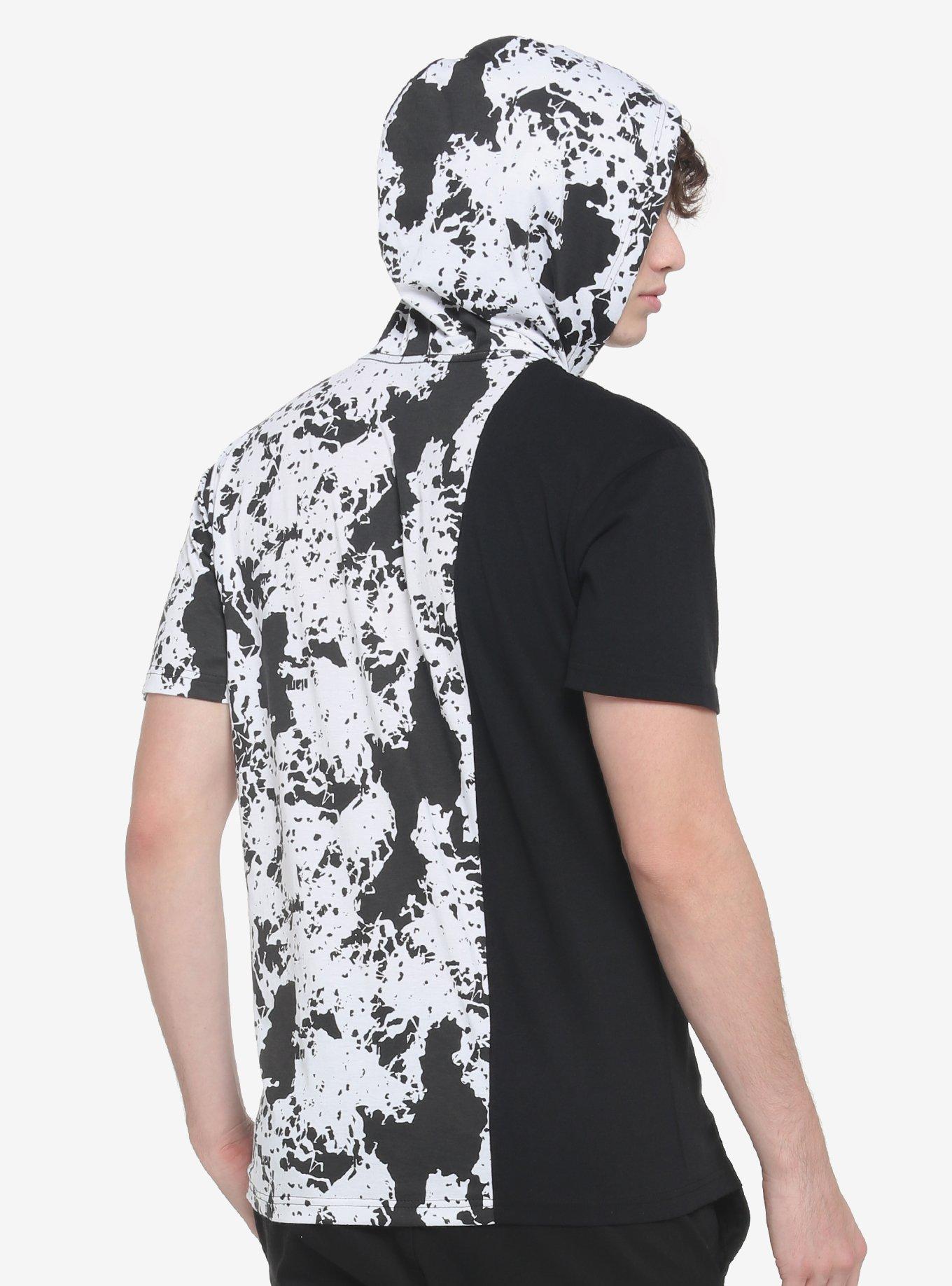 Black & White Splatter Split Short-Sleeve Hoodie, BLACK  WHITE, alternate