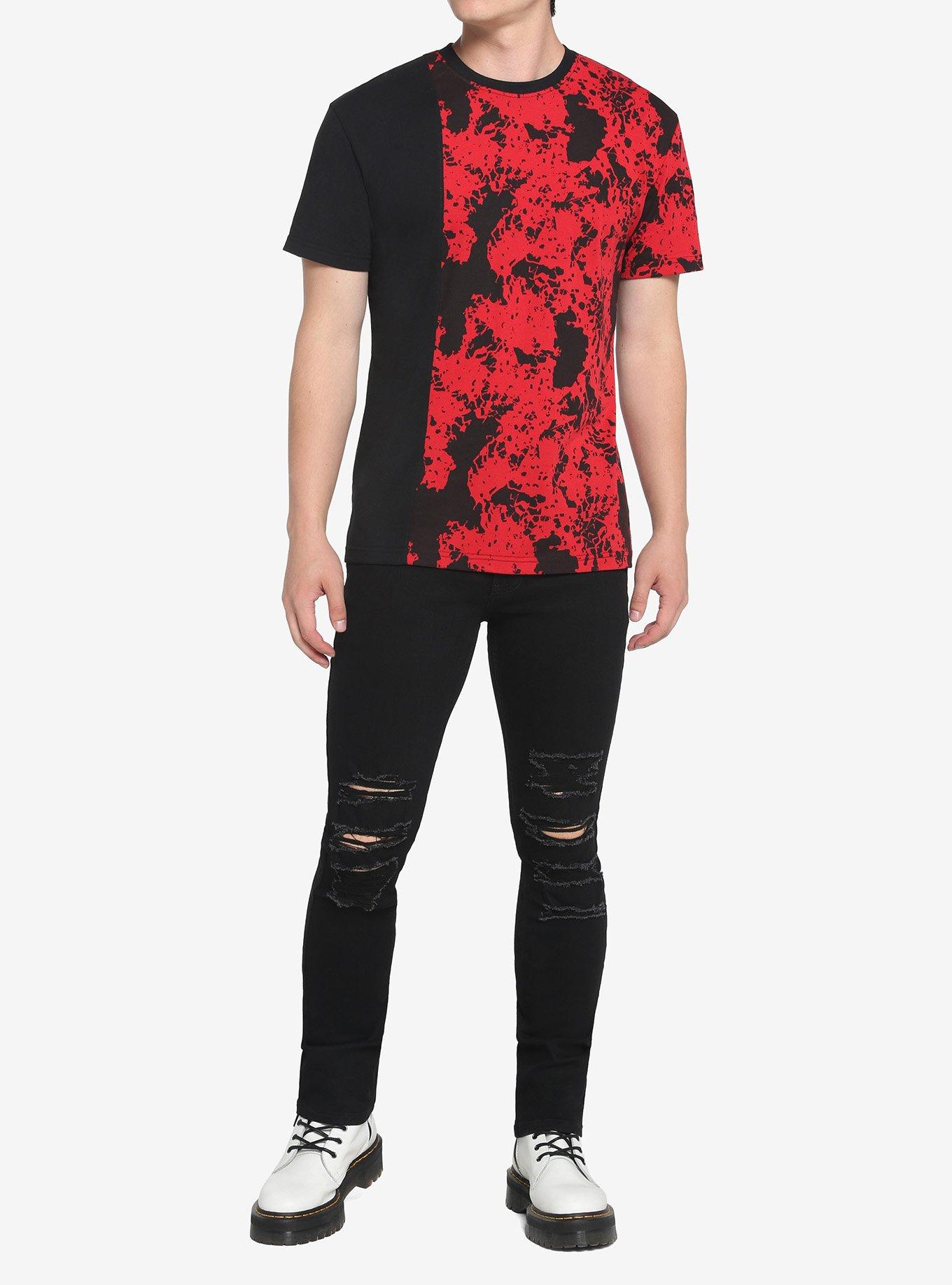 Red & Black Tie-Dye Side Split T-Shirt, BLACK  RED, alternate