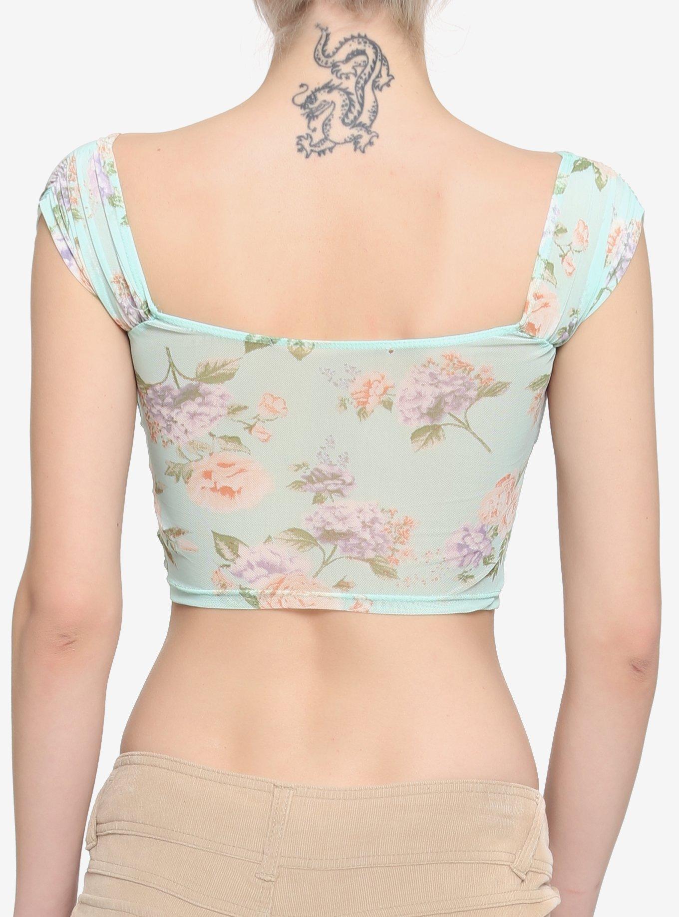 Mint Floral Mesh Corset Top, MINT, alternate