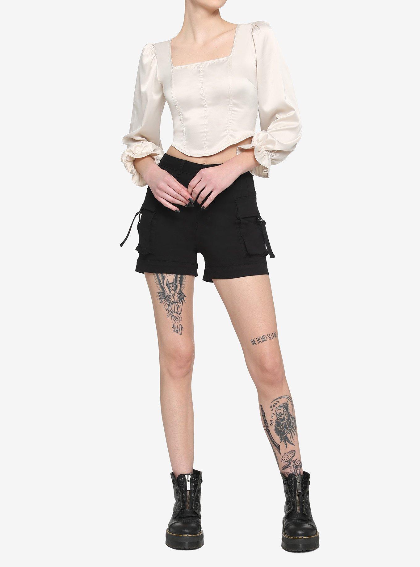 Cream Satin Corset Girls Crop Long-Sleeve Top, IVORY, alternate