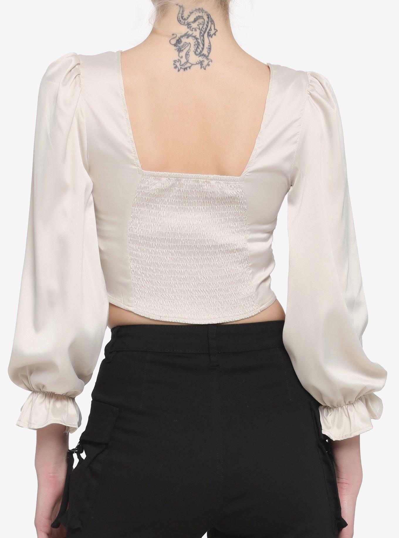 Cream Satin Corset Girls Crop Long-Sleeve Top, IVORY, alternate
