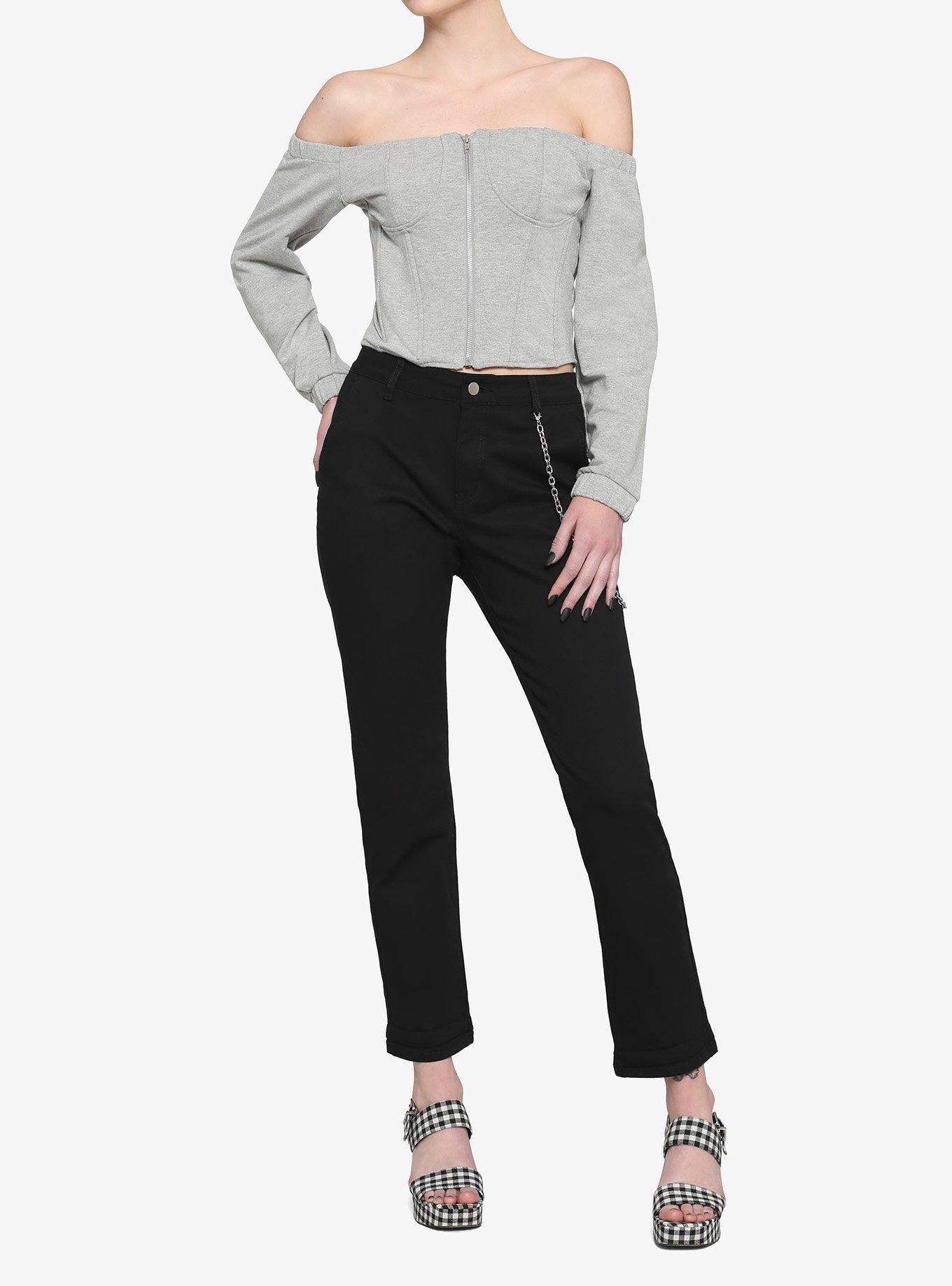 Grey Zipper Corset Long-Sleeve Top, GREY, alternate