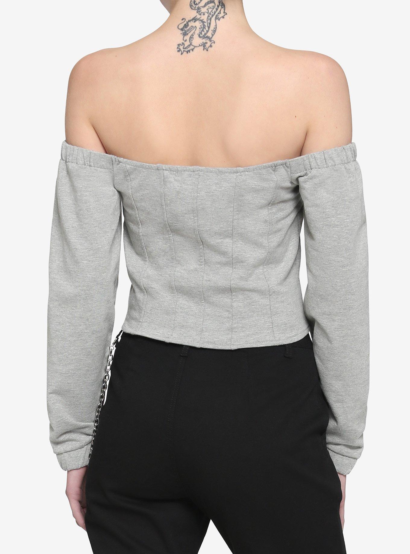 Grey Zipper Corset Long-Sleeve Top, GREY, alternate