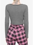 Grey Waffle Knit Contrast Stitch Girls Crop Long-Sleeve Top, GREY, alternate