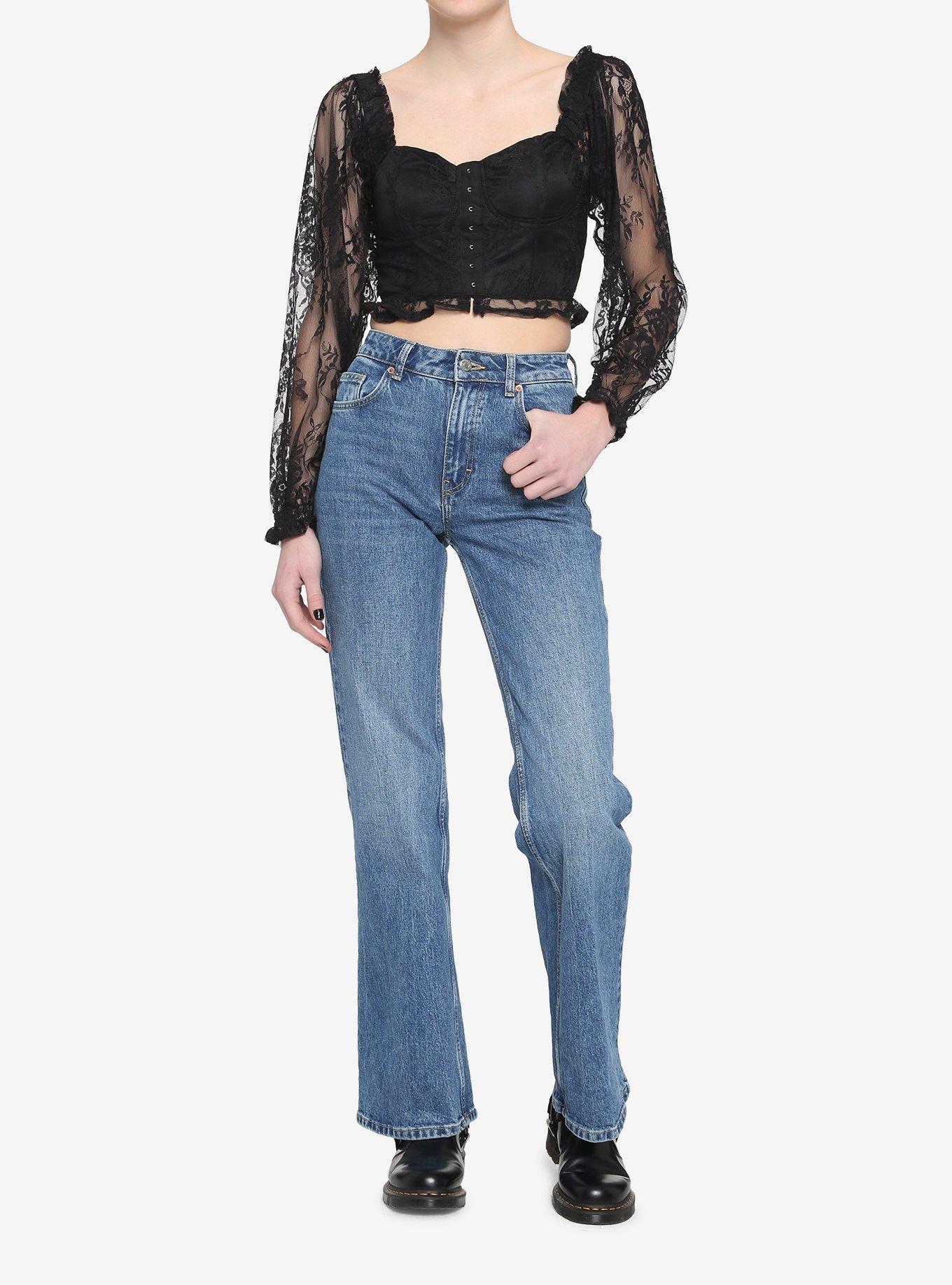 Black Lace Corset Girls Crop Long-Sleeve Top, , hi-res