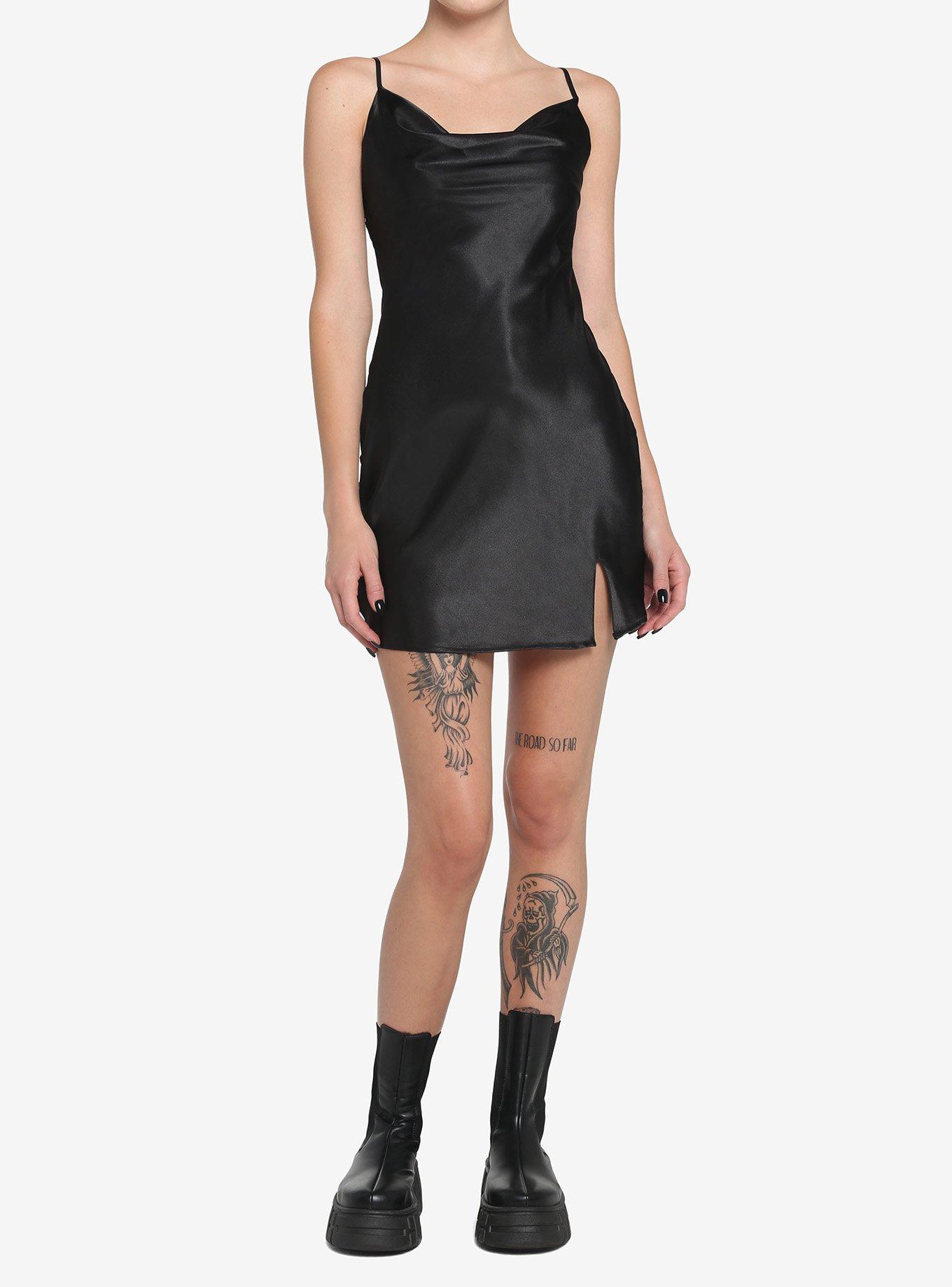 Black Satin Slip Dress, BLACK, alternate