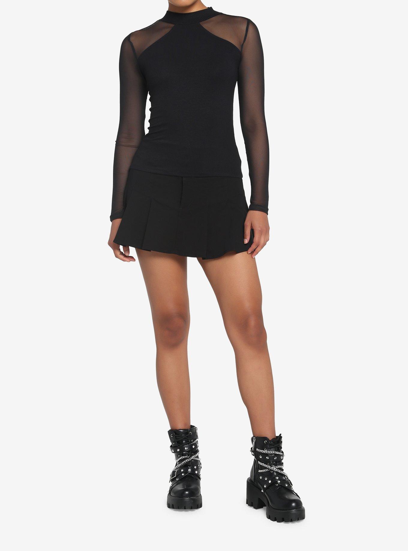 Black Mock Neck Mesh Girls Long-Sleeve Top, BLACK, alternate