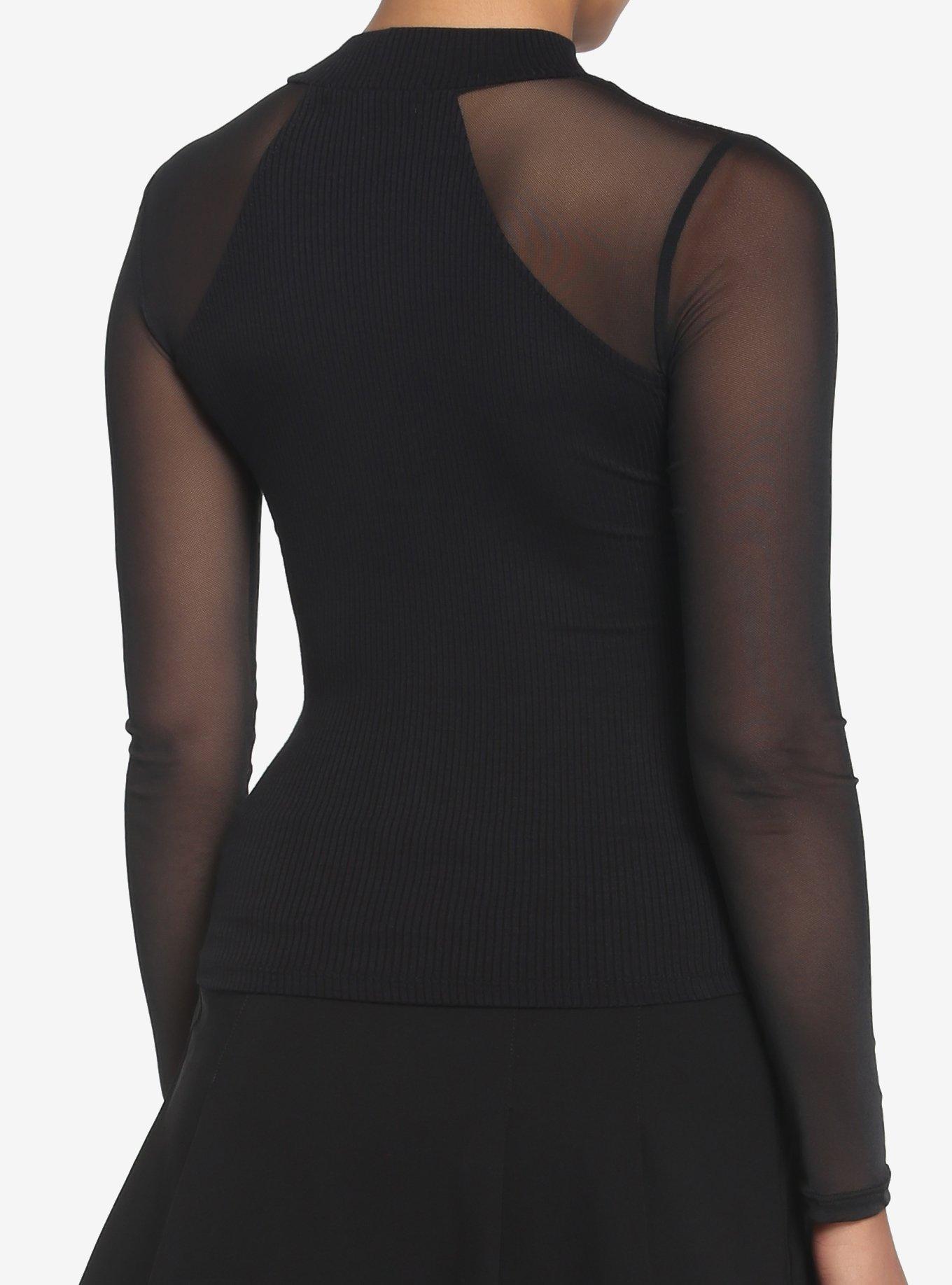 Black Mock Neck Mesh Girls Long-Sleeve Top, BLACK, alternate