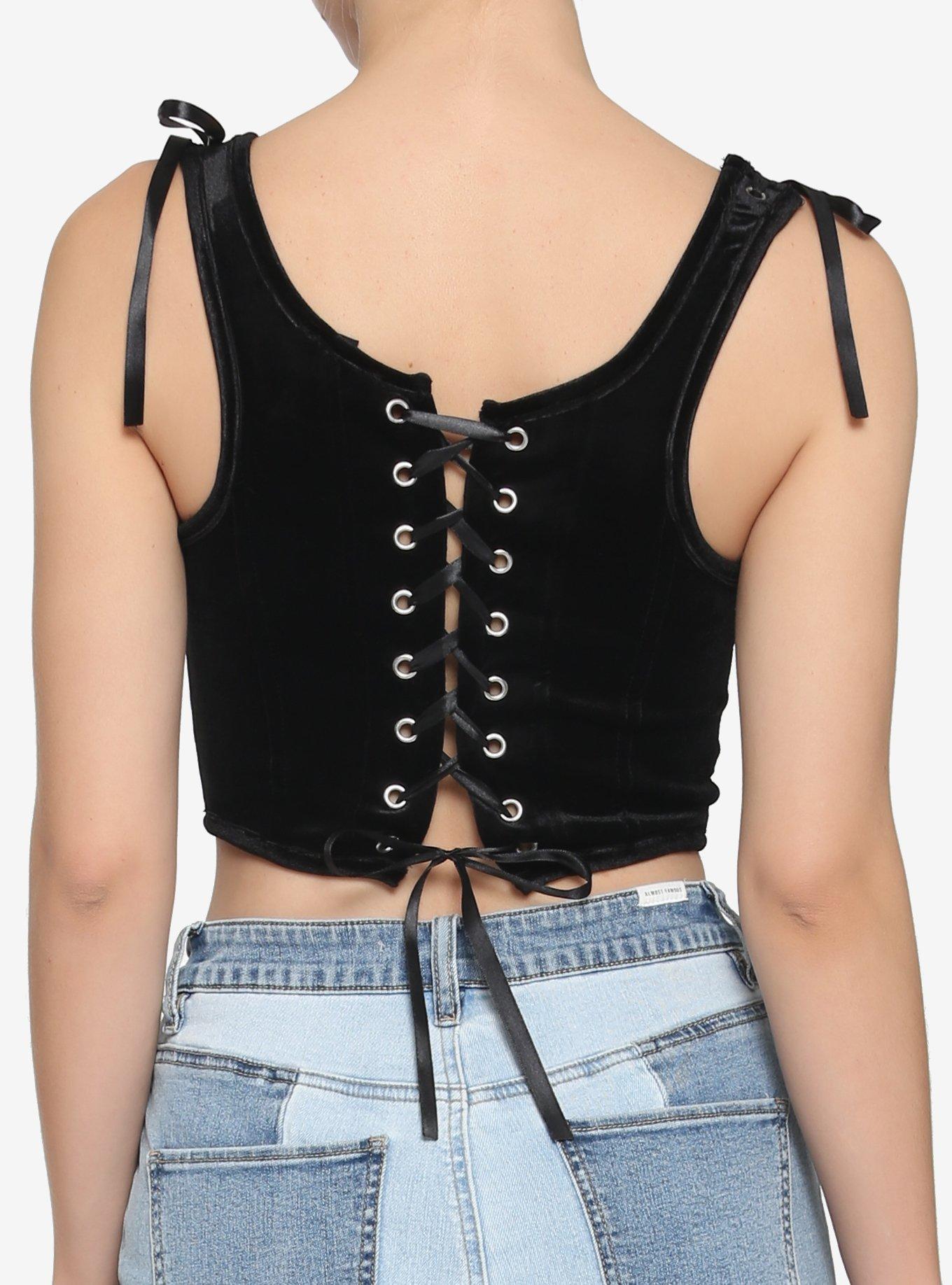 Black Velvet Lace-Up Girls Corset Top, BLACK, alternate