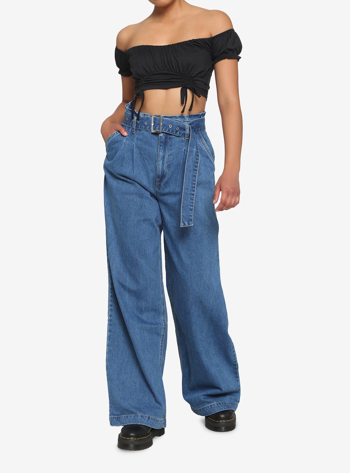 Black Ruched Off-The-Shoulder Girls Crop Top, BLACK, alternate