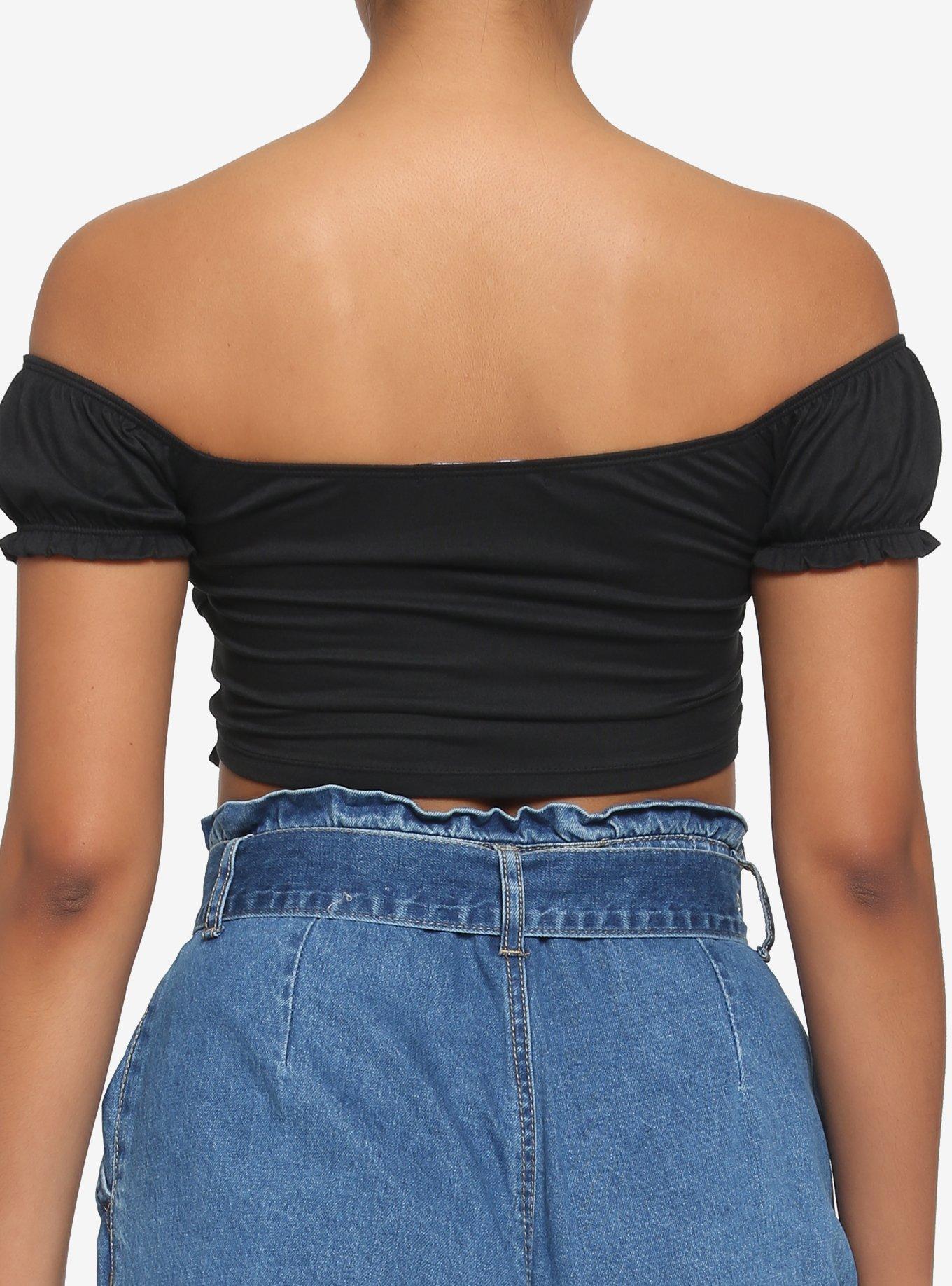 Black Ruched Off-The-Shoulder Girls Crop Top, BLACK, alternate