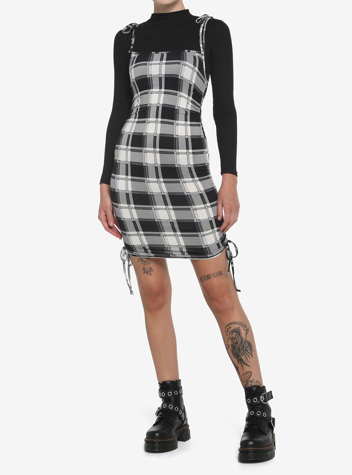 Black & White Plaid Twofer Long-Sleeve Dress, , hi-res