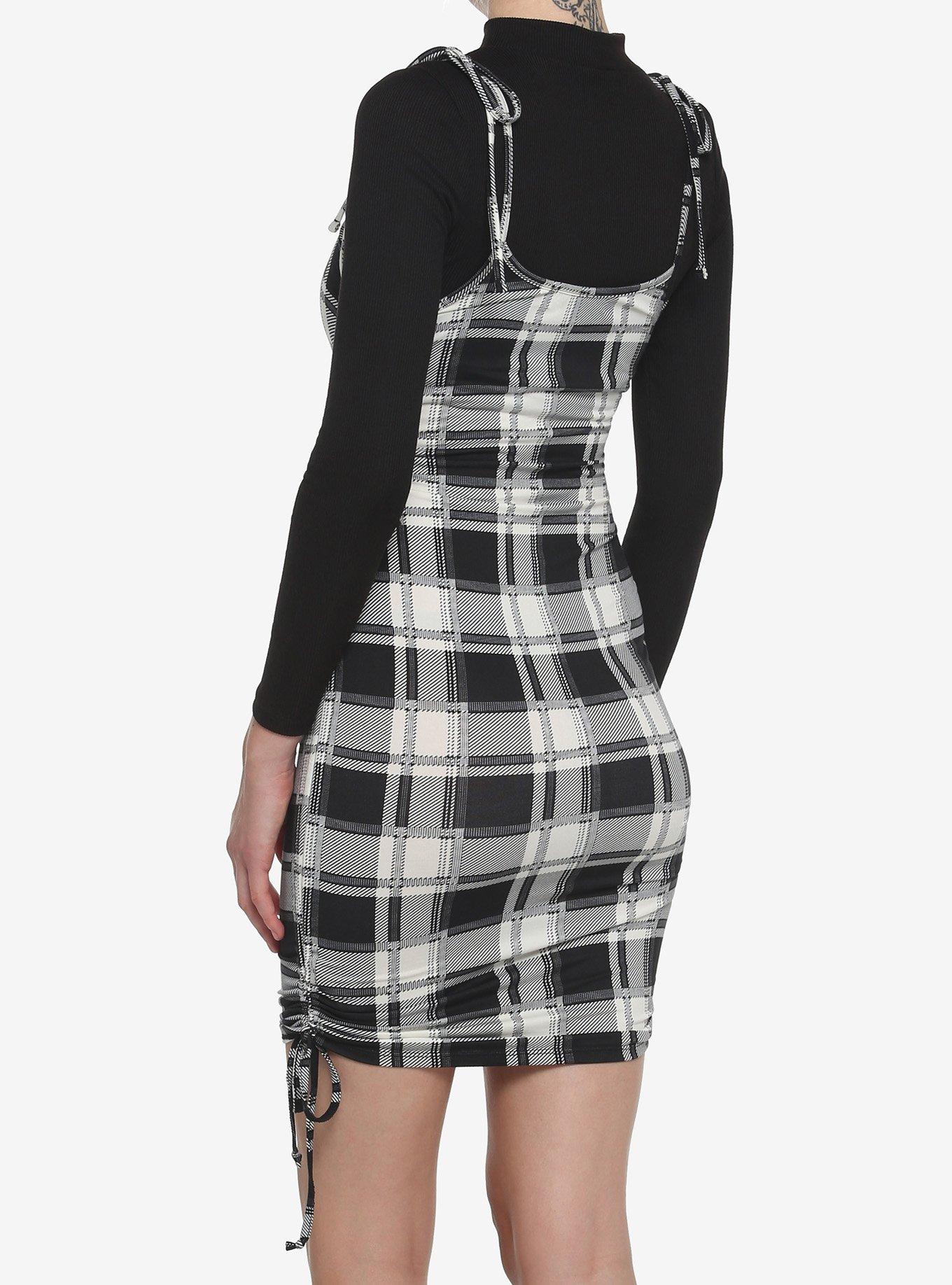 Black & White Plaid Twofer Long-Sleeve Dress, PLAID, alternate