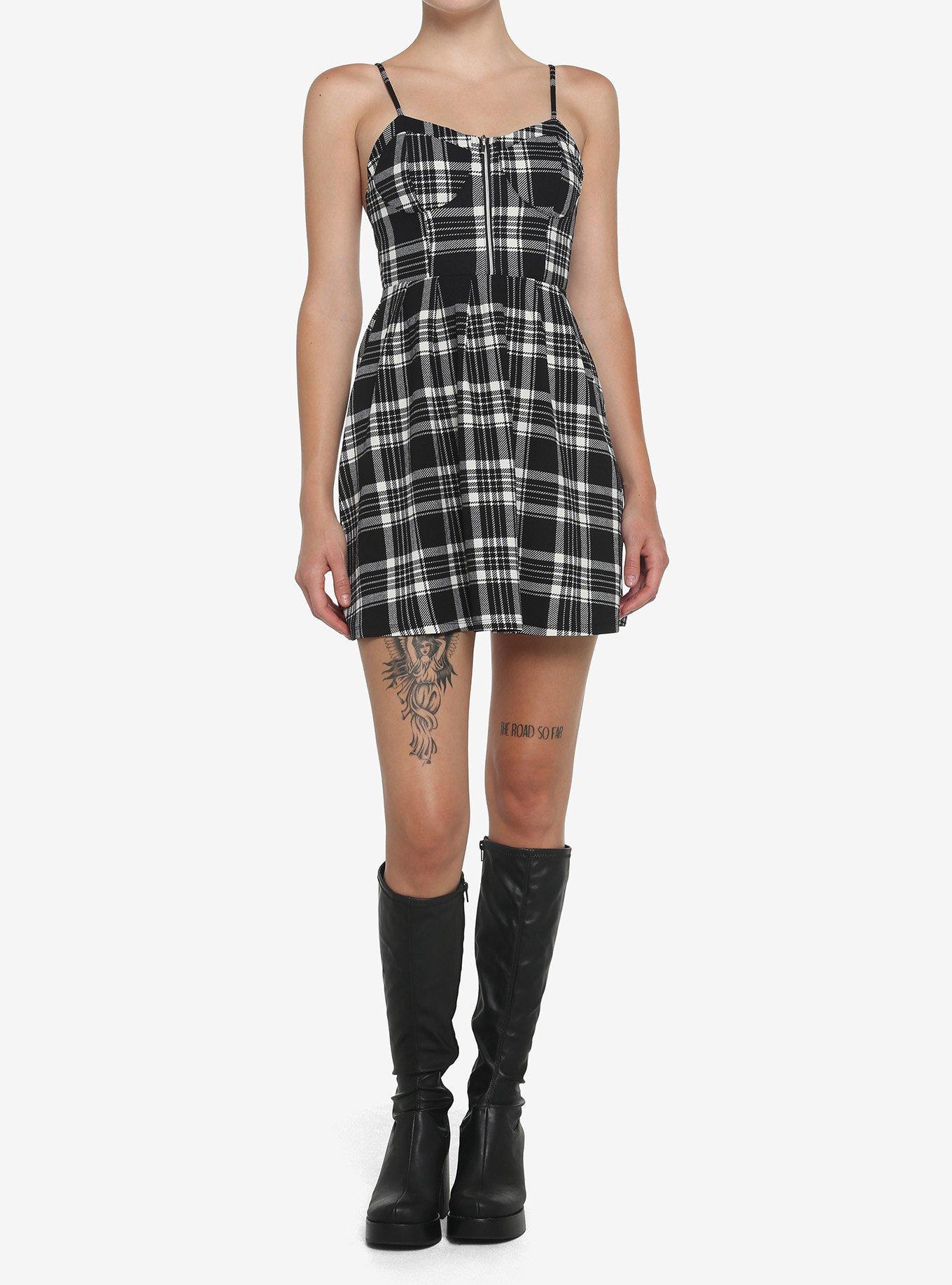 Black & White Plaid Zipper Dress, , hi-res