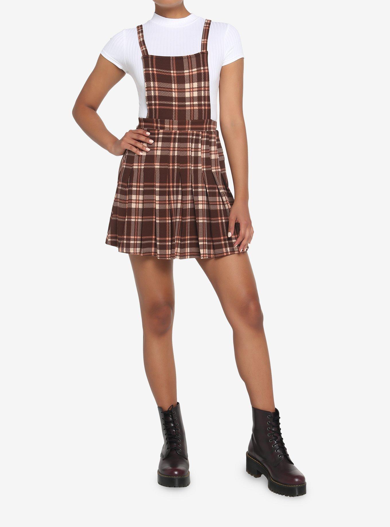 Brown Plaid Twofer Skirtall, , hi-res