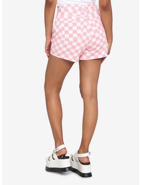 Pink & White Checkered High-Waisted Denim Shorts, , hi-res