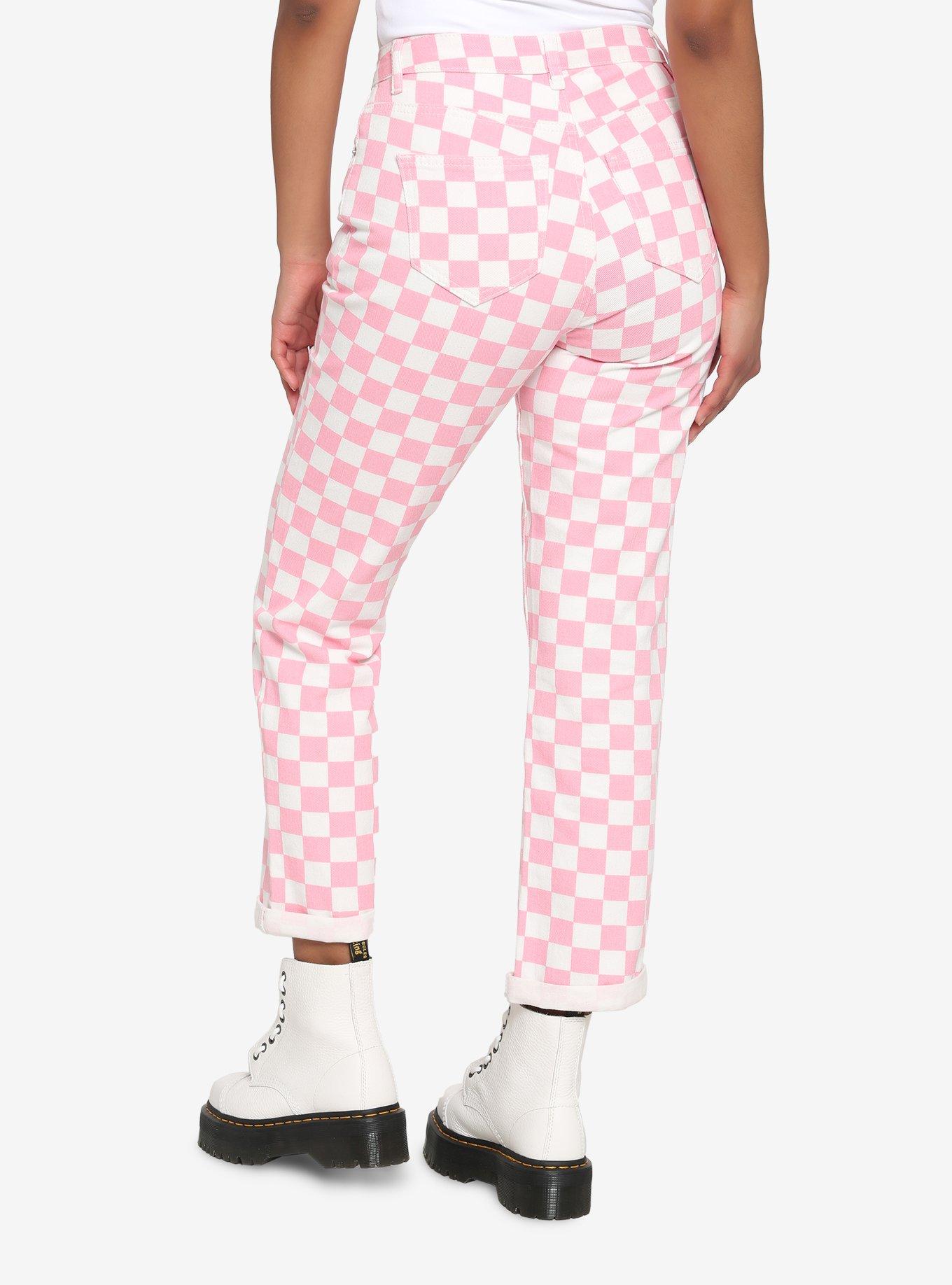Pink & White Checkered Denim Pants, PINK  WHITE, alternate