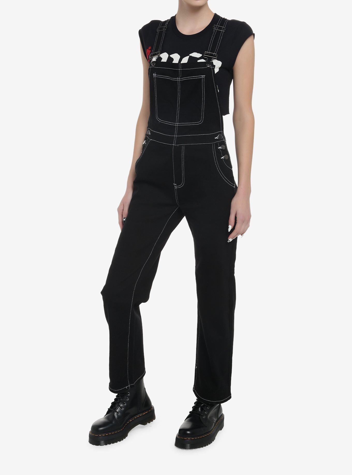 Black & White Contrast Stitch Girls Overalls, BLACK, alternate
