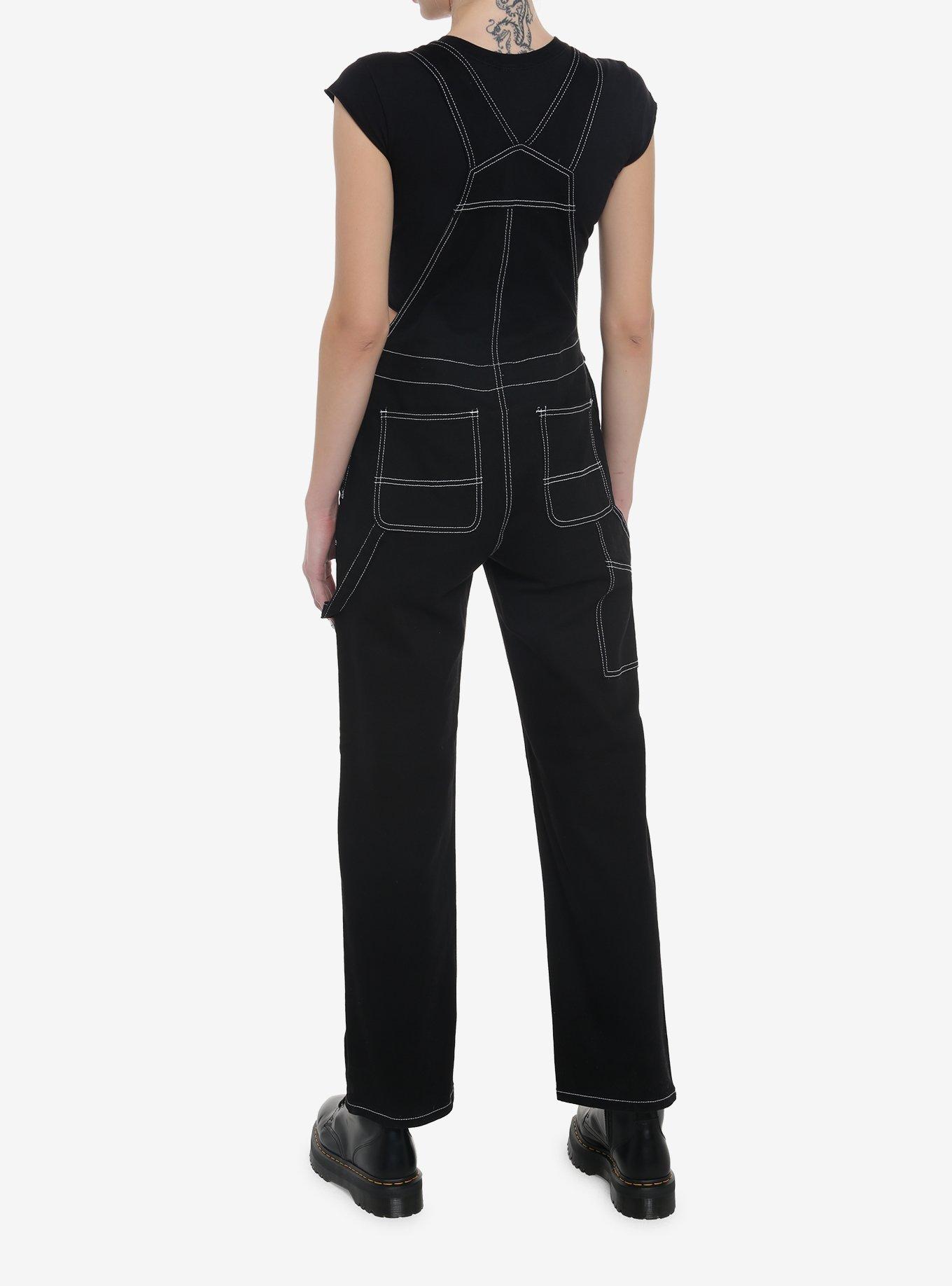 Black & White Contrast Stitch Girls Overalls, BLACK, alternate