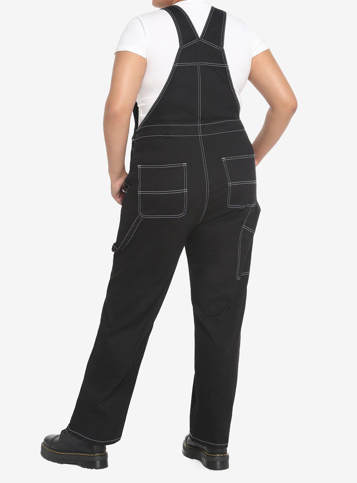 Black & White Contrast Stitch Overalls Plus Size, BLACK, alternate