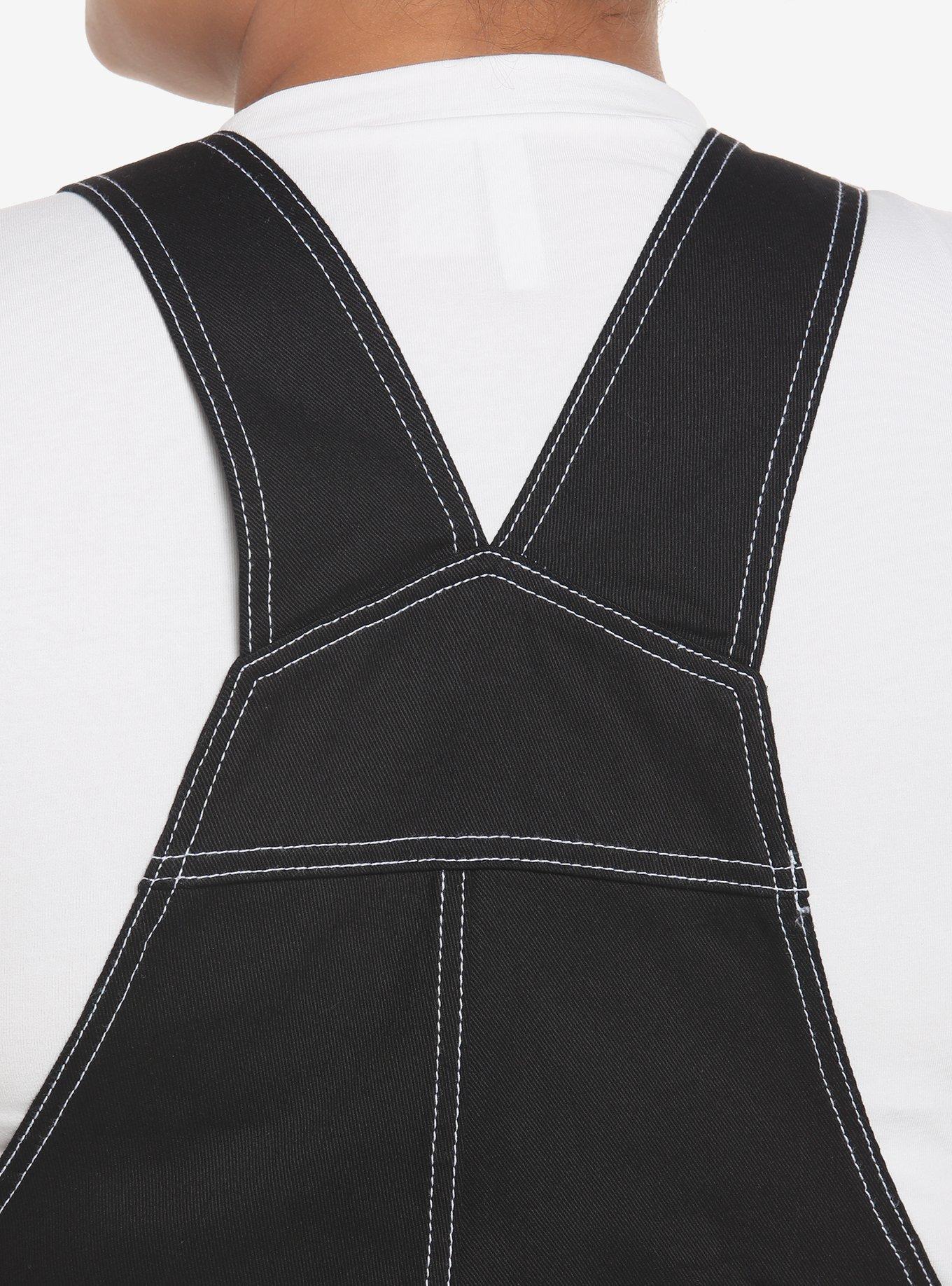 Black & White Contrast Stitch Overalls Plus Size, BLACK, alternate