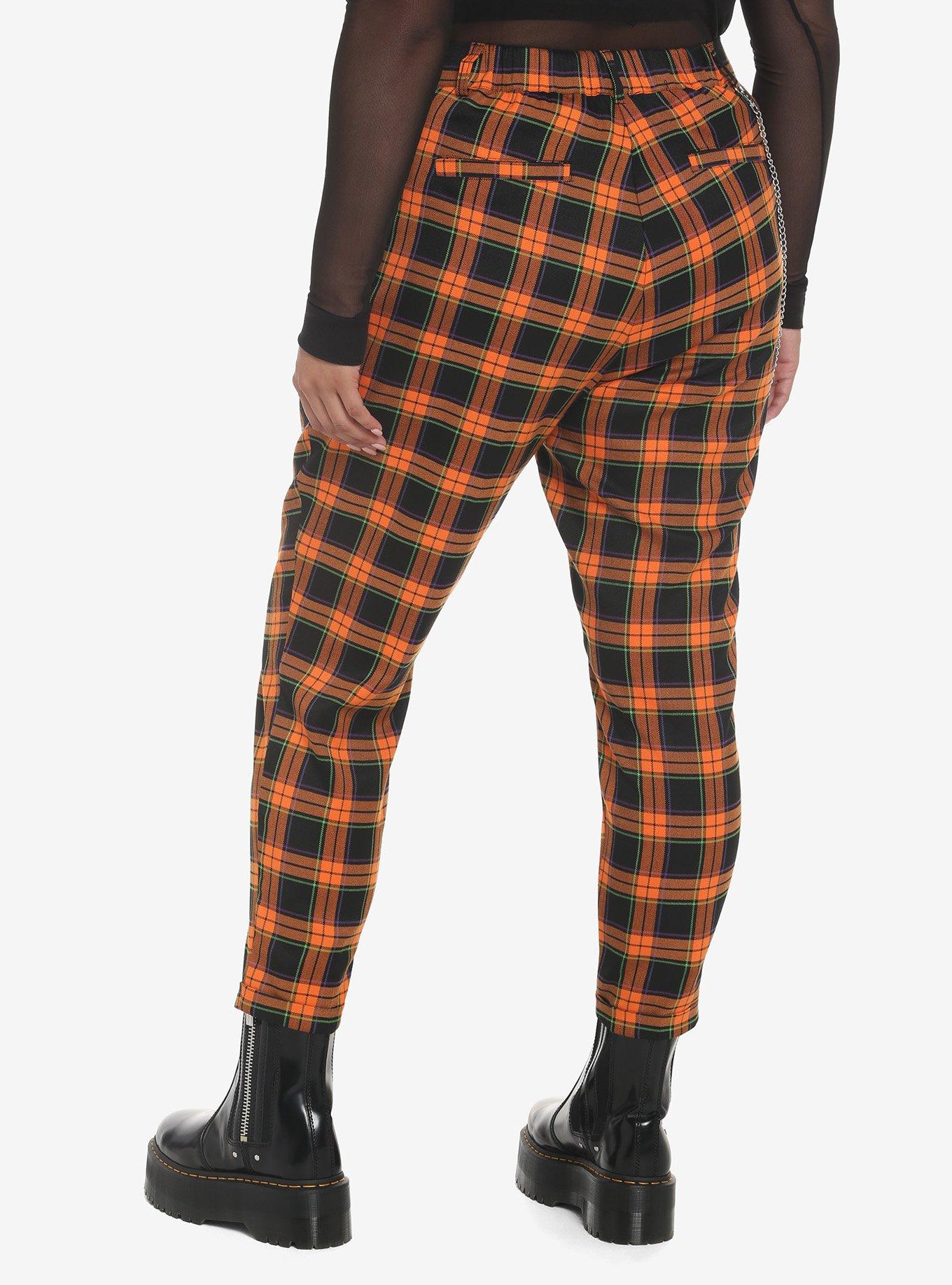 Orange Plaid Side Chain Pants Plus Size, ORANGE, alternate
