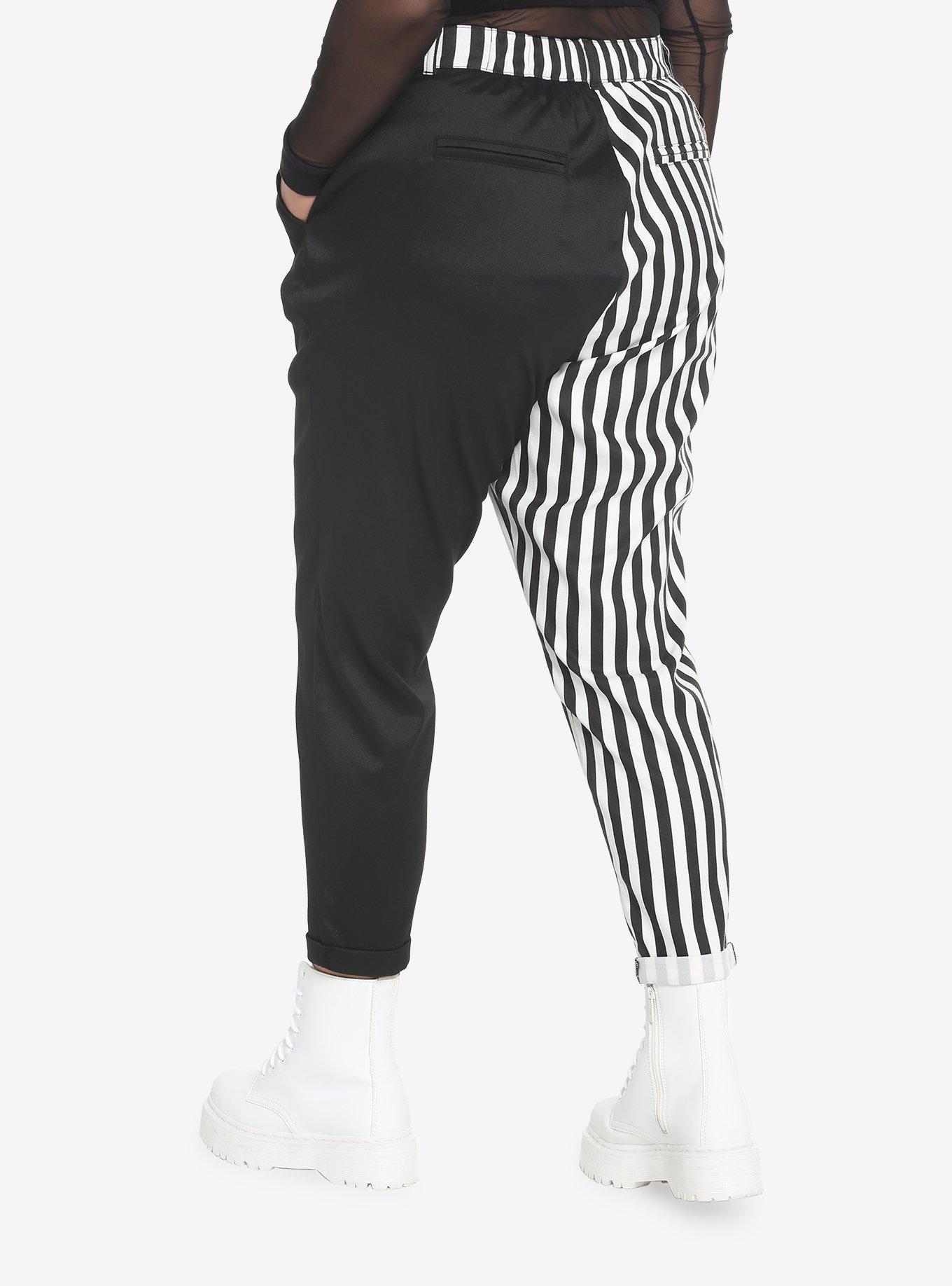 Black & White Stripe Split Chain Pants Plus Size, BLACK  WHITE, alternate