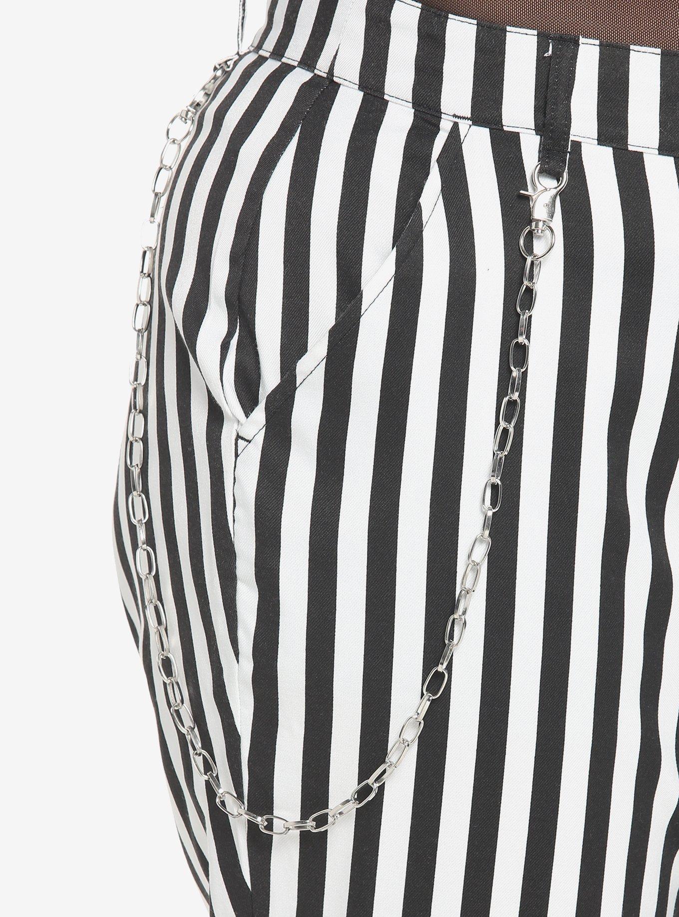 Black & White Stripe Split Chain Pants Plus Size, BLACK  WHITE, alternate