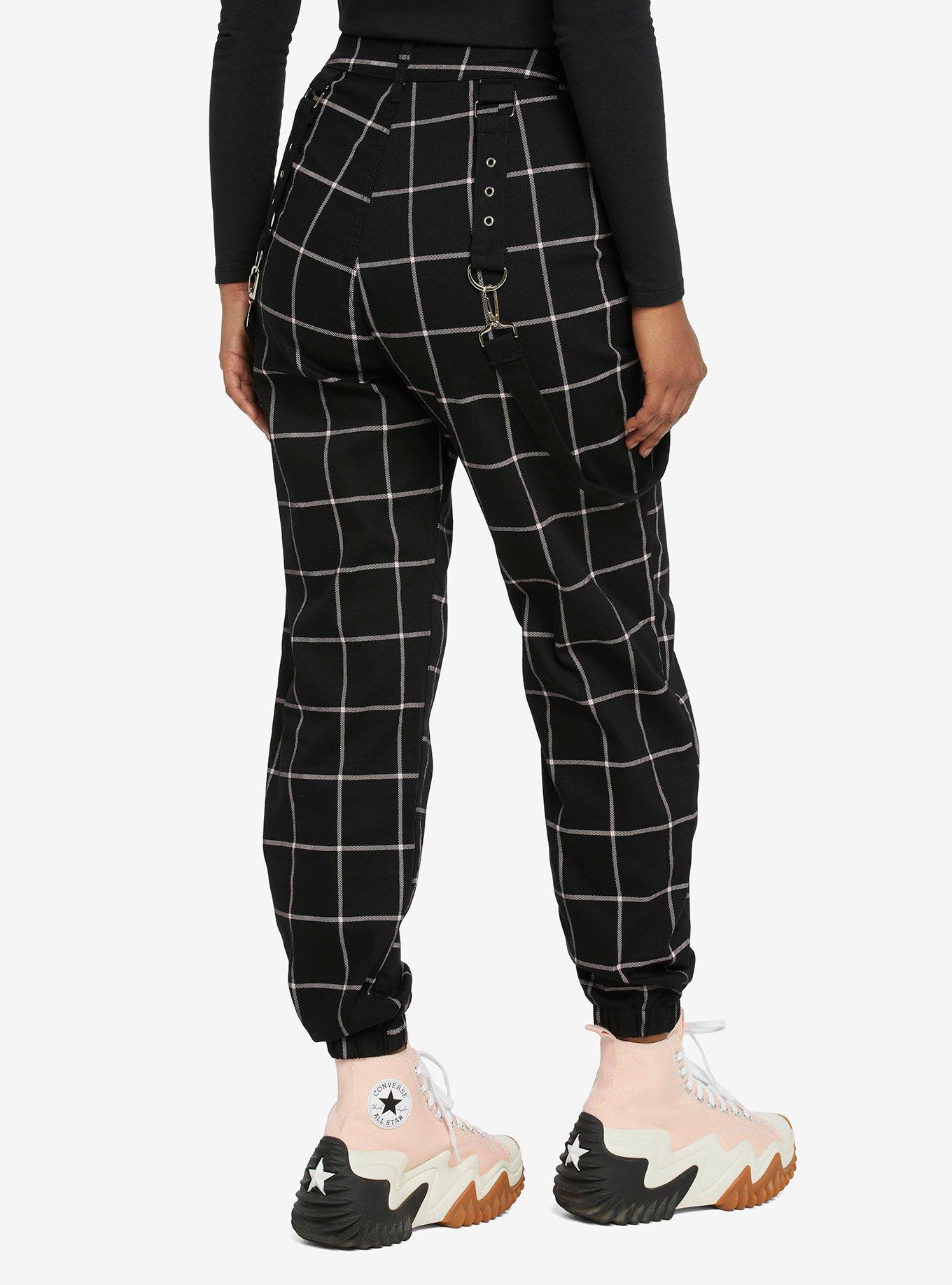 Black & Pink Grid Suspender Girls Jogger Pants, BLACK  PINK, alternate
