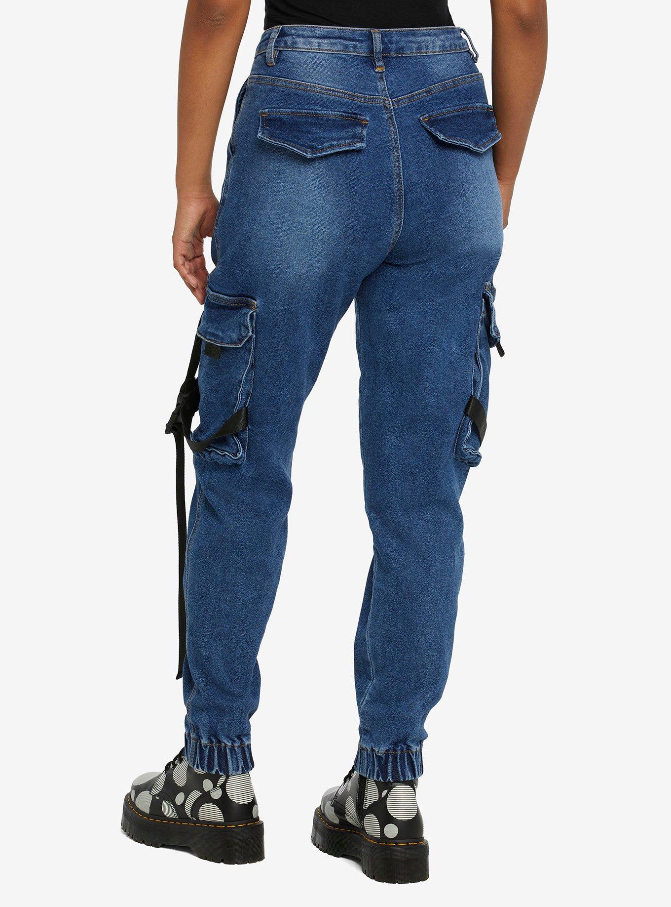 Indigo Utility Strap Girls Cargo Jogger Pants, INDIGO, alternate