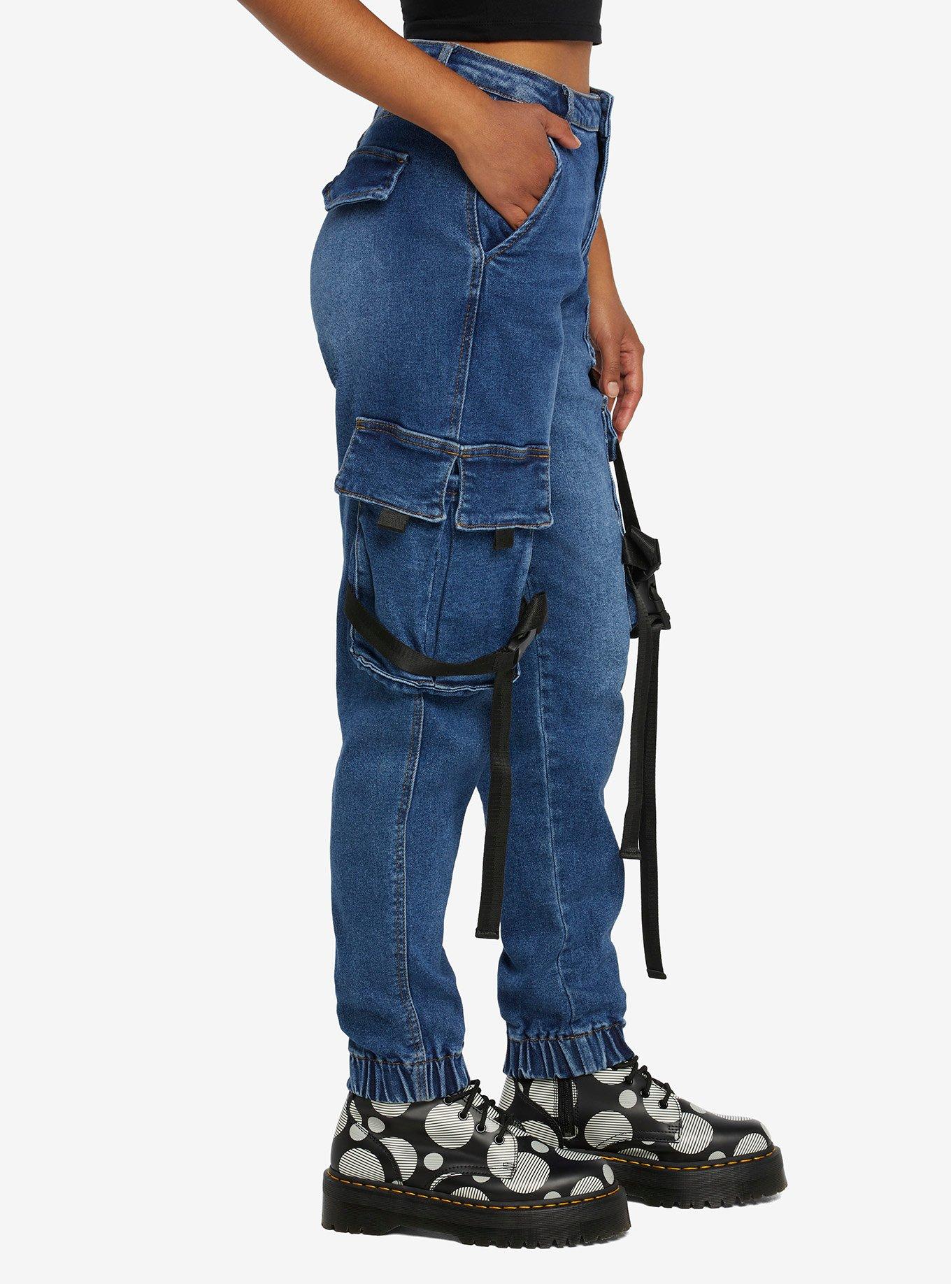 Indigo Utility Strap Girls Cargo Jogger Pants, INDIGO, alternate