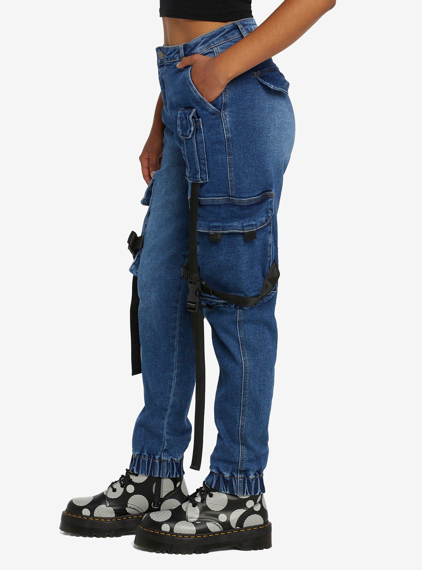 Indigo Utility Strap Girls Cargo Jogger Pants, INDIGO, alternate