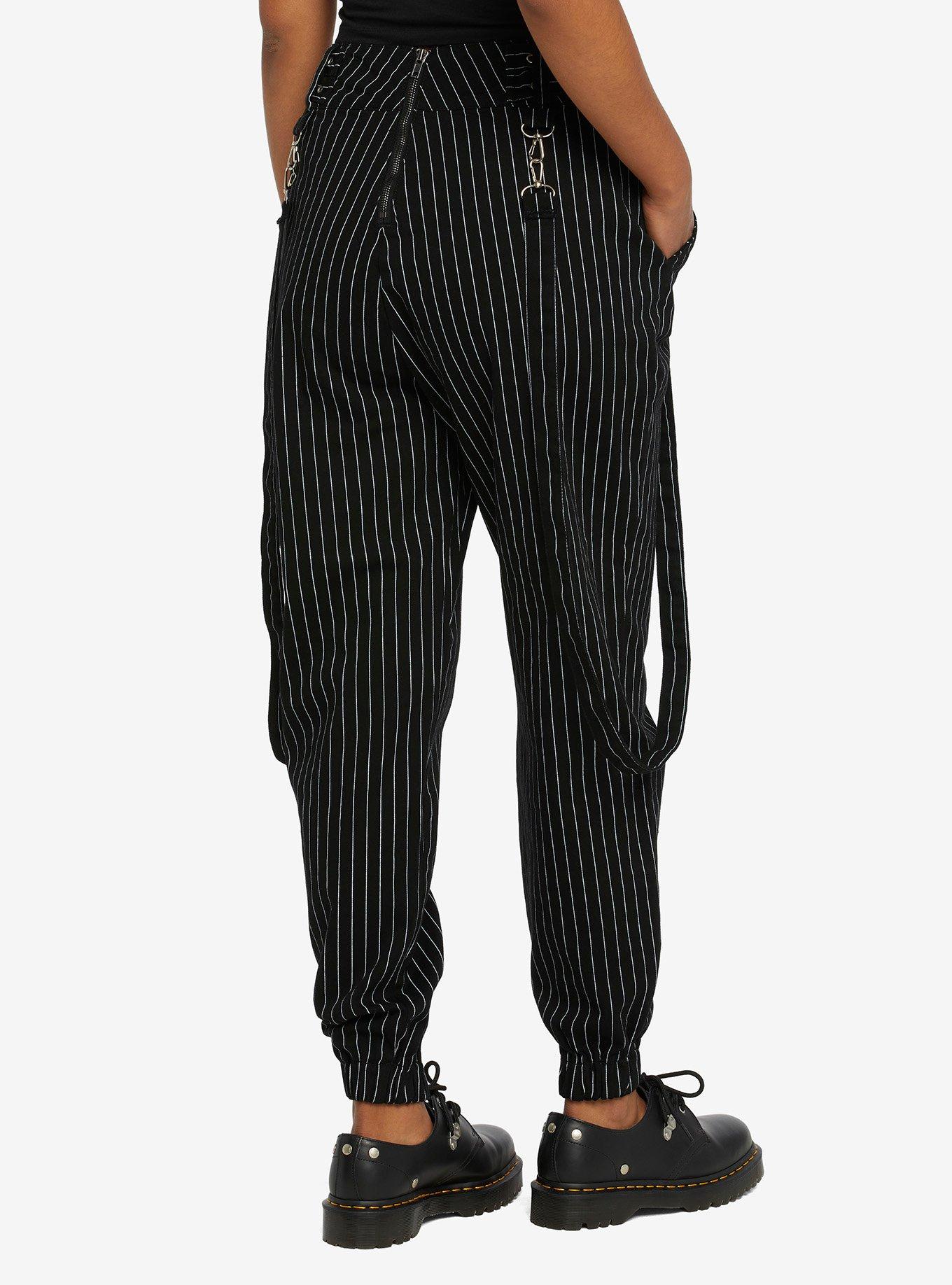 Black & White Pinstripe Suspender Jogger Pants, BLACK, alternate