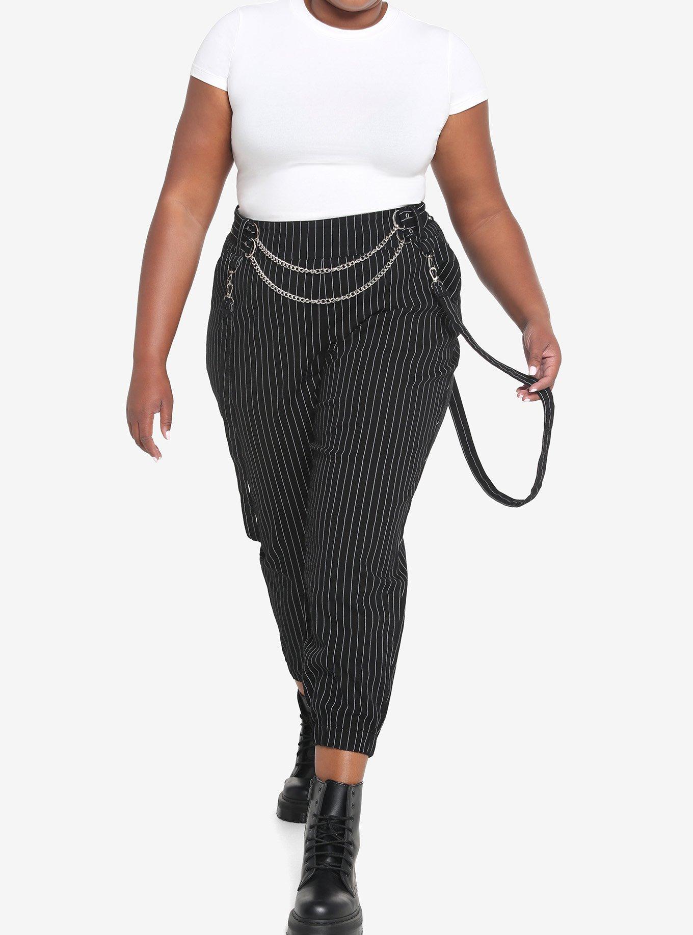Black & White Pinstripe Suspender Jogger Pants Plus Size, BLACK, alternate