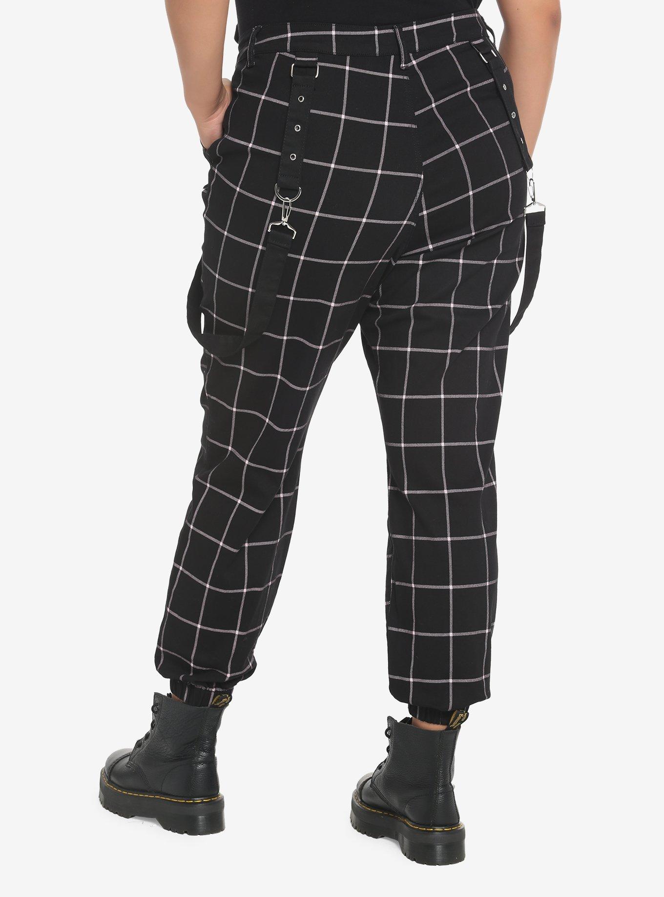 Black & Pink Grid Suspender Joggers Plus Size, BLACK  PINK, alternate