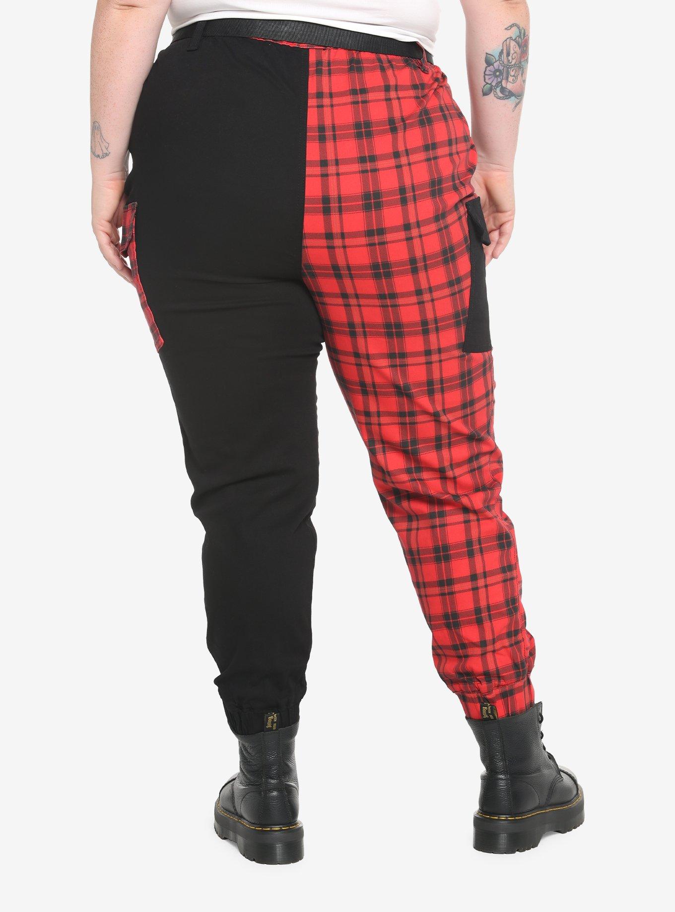 Black & Red Plaid Split Cargo Jogger Pants Plus Size, RED, alternate