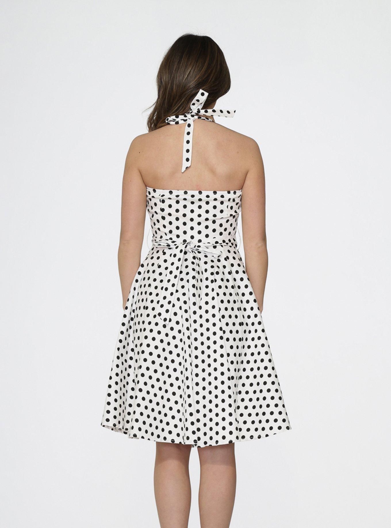 White Black Polka Dot Halter Dress, MULTICOLOR, alternate