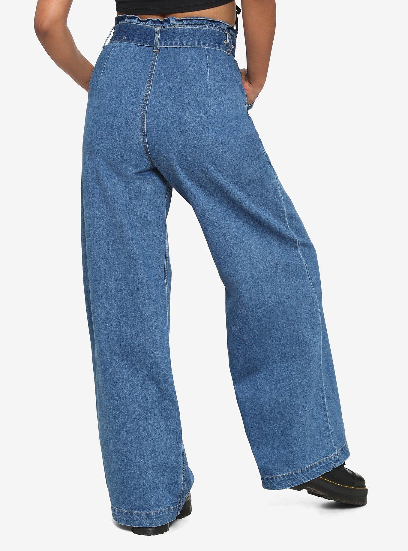 Wide Leg Grommet Belt High-Waisted Denim Pants, INDIGO, alternate